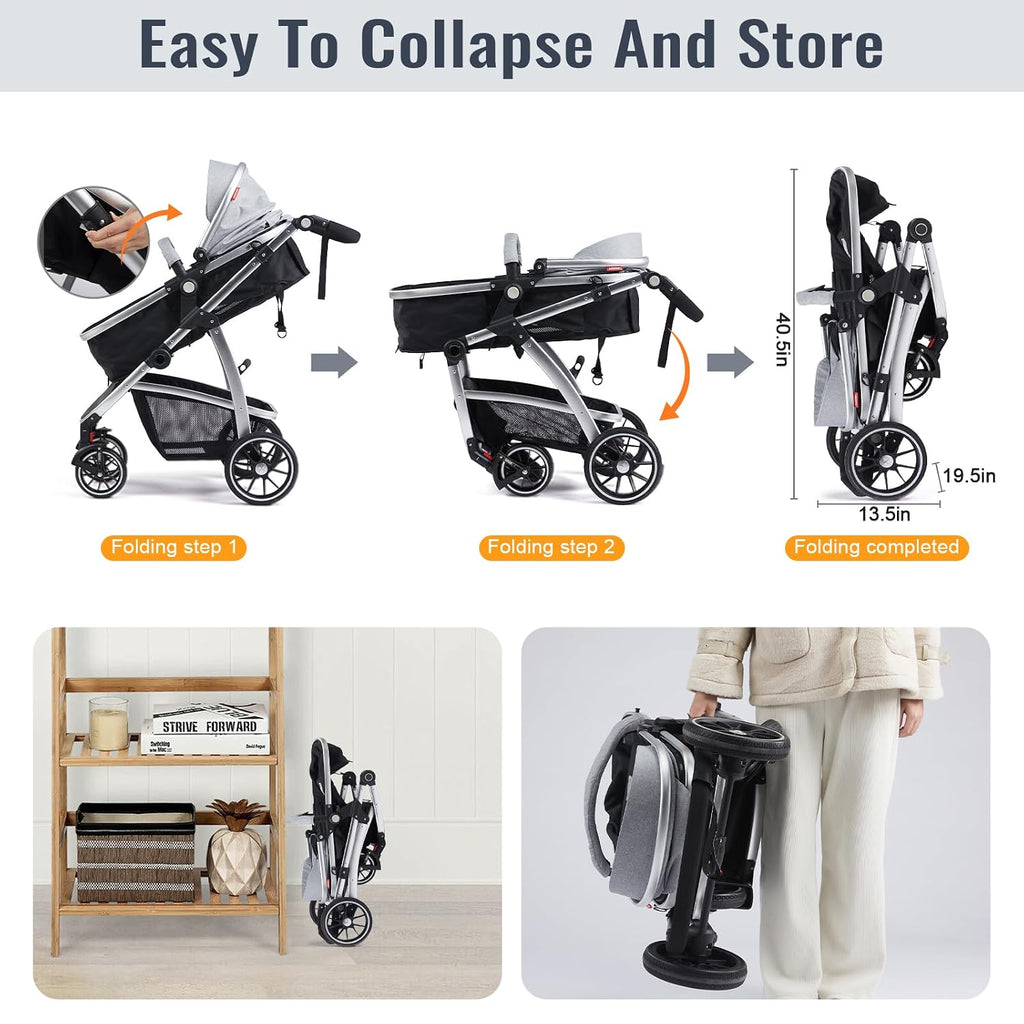 Hagaday Baby Stroller, 2-in-1 Reversible Toddler Seat with Basket Mode, Foldable Infant Stroller with Canopy, One Button Brake, Adjustable Handle, Newborn Pushchair (Gray)