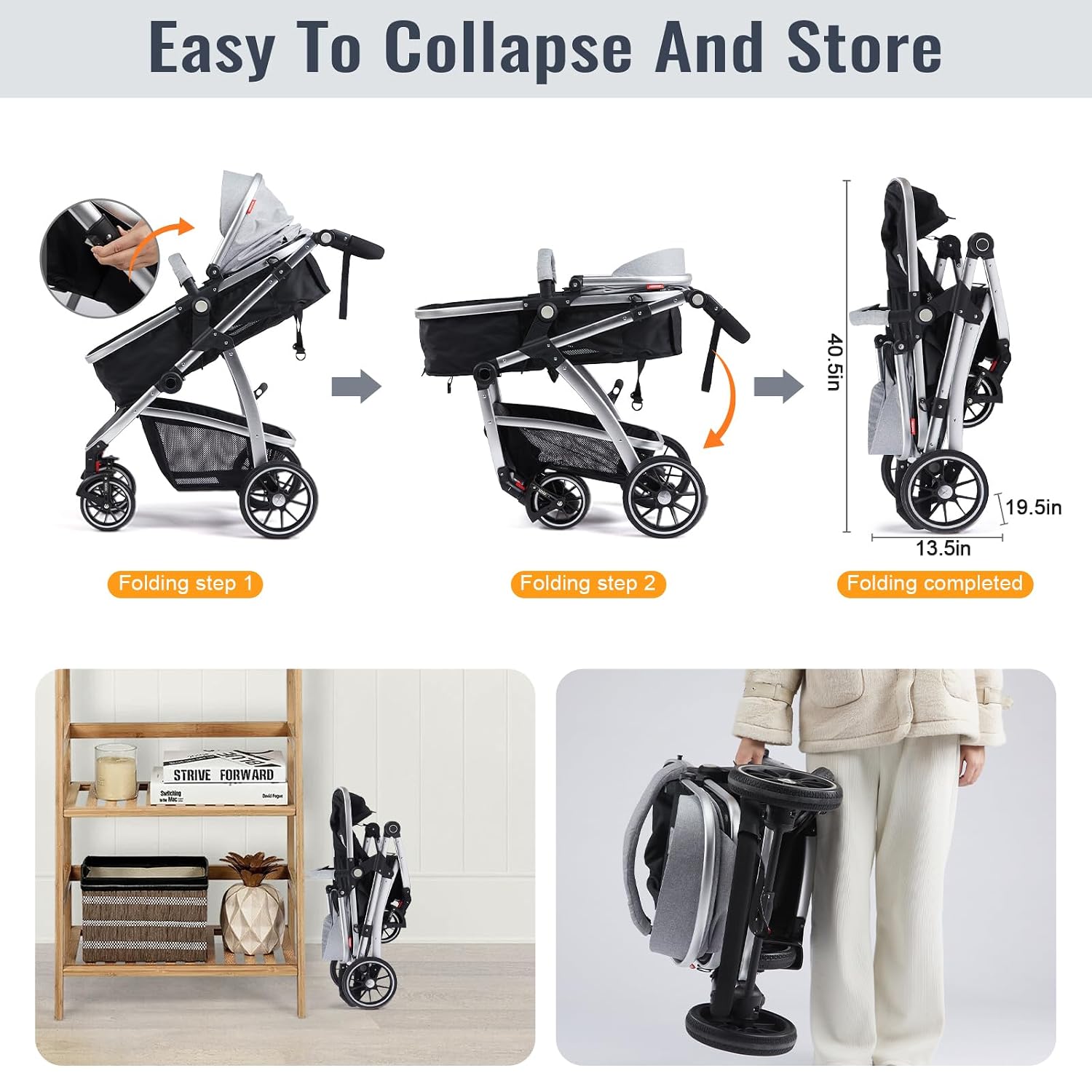 Hagaday Baby Stroller, 2-in-1 Reversible Toddler Seat with Basket Mode, Foldable Infant Stroller with Canopy, One Button Brake, Adjustable Handle, Newborn Pushchair (Gray)