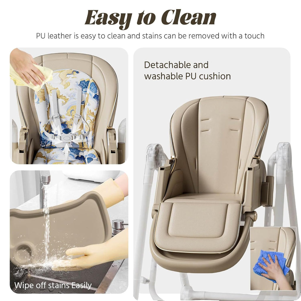 Multi Functional All in 1 Baby High Chair Swings for Infants Foldable Rocking 8 Level Height Adjustment Eco Friendly Washable PU Cushion Ultimate Baby Feeding Chair (Brown)