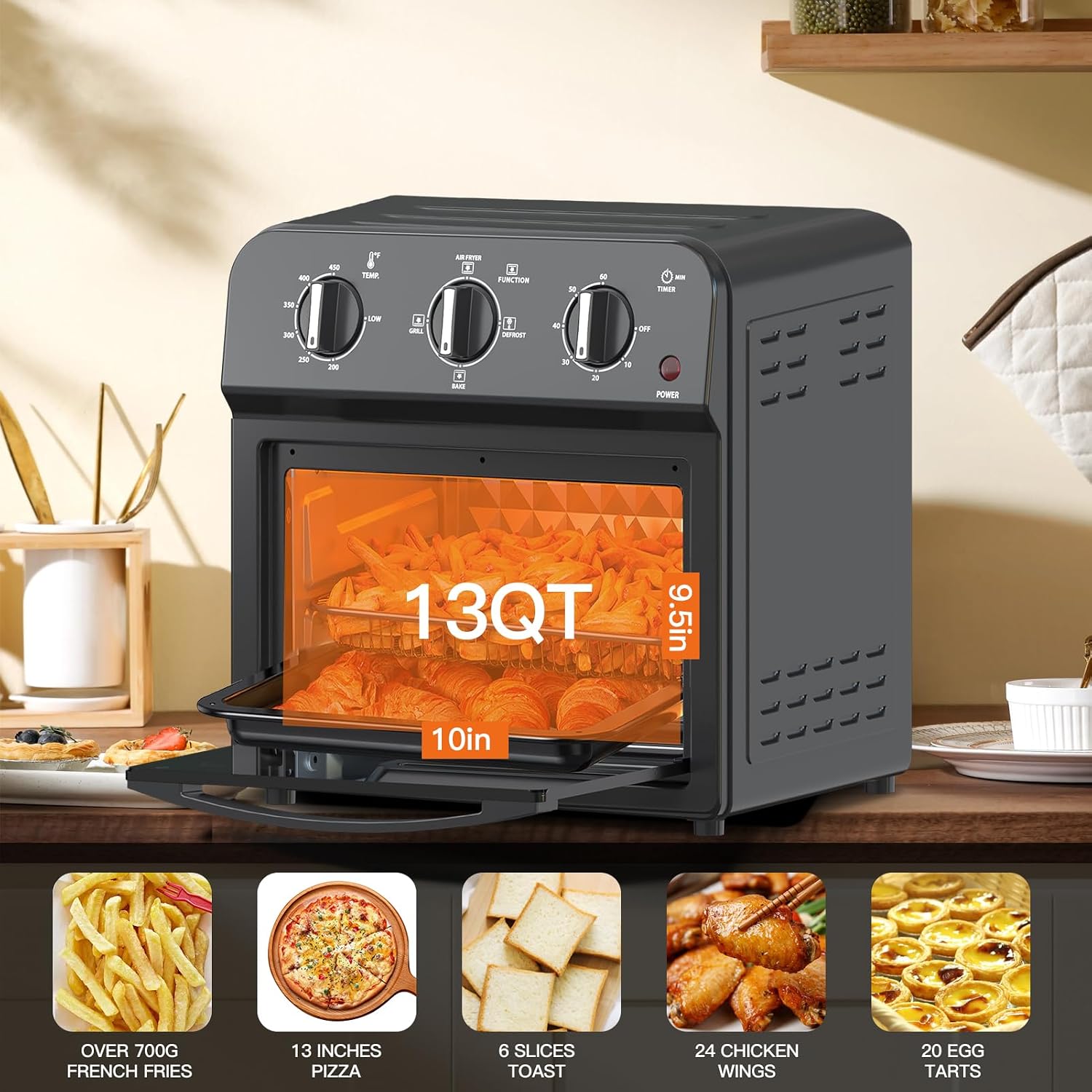 Family Size Air Fryer Toaster Oven Combo,13QT,360° Hot Air Circulation for Healthy Oil-Free Cooking, Multifunctional Convection Contertop Oven, Adjustable Time & Temp Control