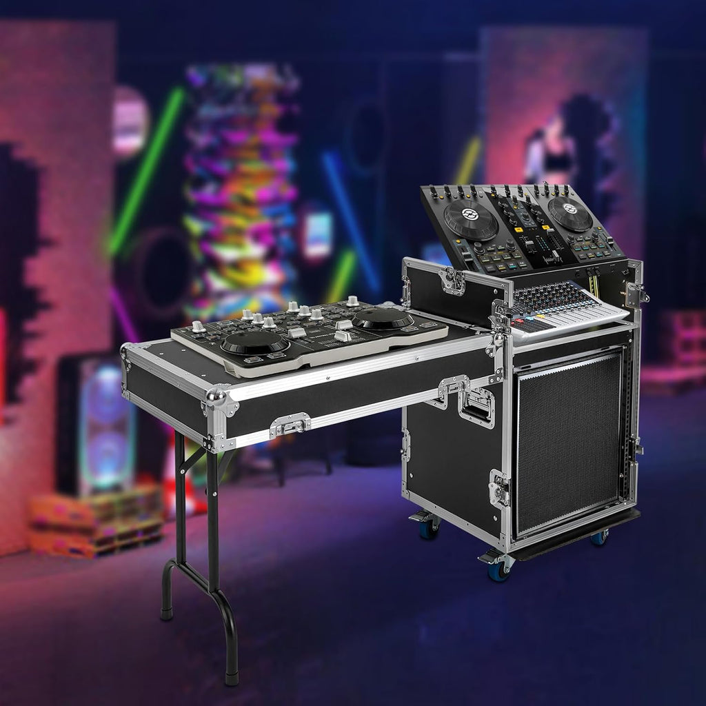 12U PA DJ Pro Audio Rack Road Case with Slant Mixer Top, Locking Wheels, Removable Doors – DJ Mixer Rack for Mixers, Amps, and Speakers