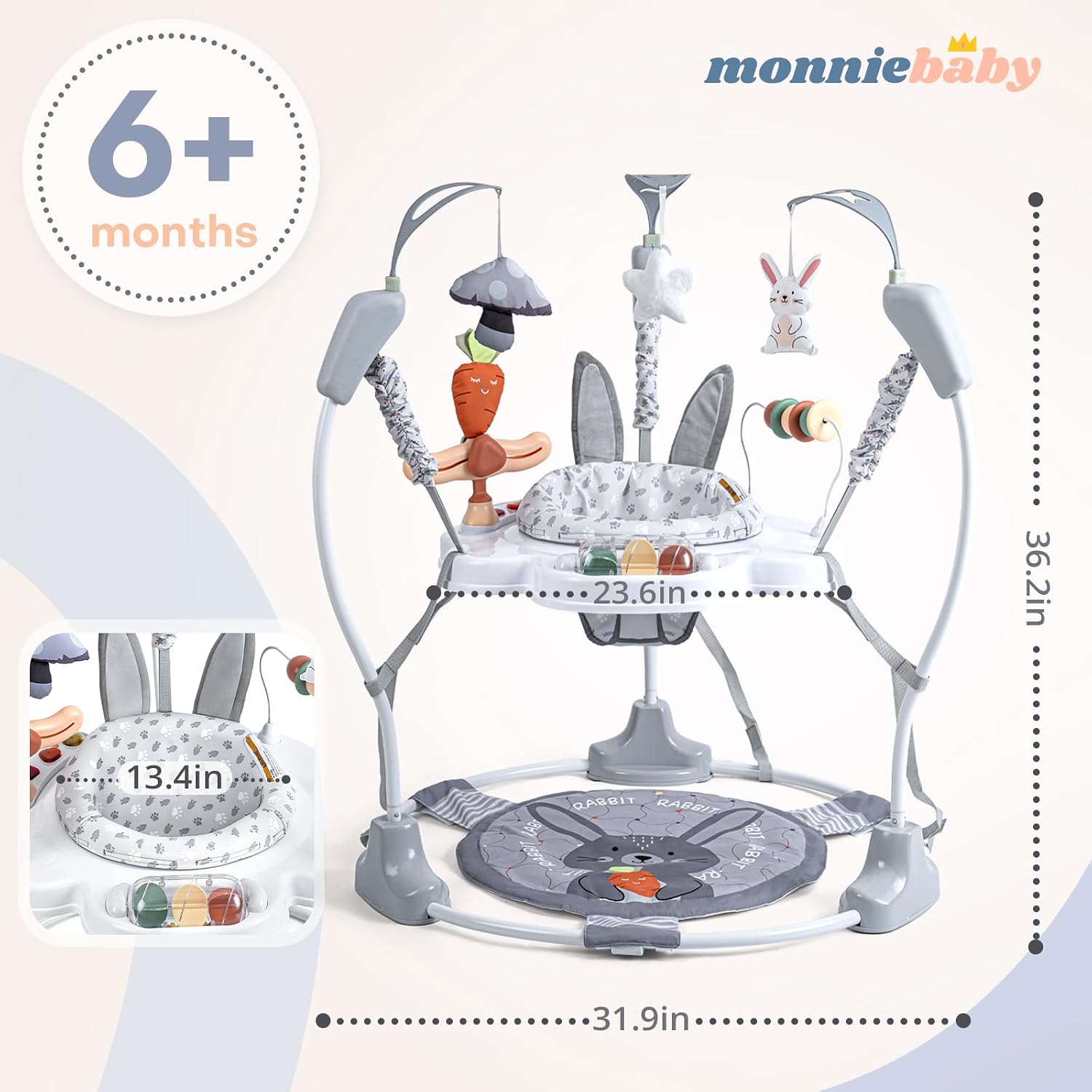 Baby Activity Center, Baby Jumper Activity Center with Music, Interactive Toys, 360° Rotating Seat, 3 Adjustable Heights, Infant Activity Jumper for 6+ Months (Rabbit)