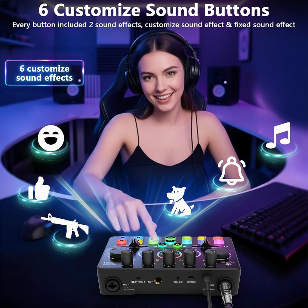 Podcast Equipment Bundle for 2, Audio Mixer with 8GB Memory Card and Dynamic Mics,RGB,Built-in Recorder, Customize Button, Stereo for Vocal Recording Podcasting,Streaming Camera, PC, Phone.(RS2i2)