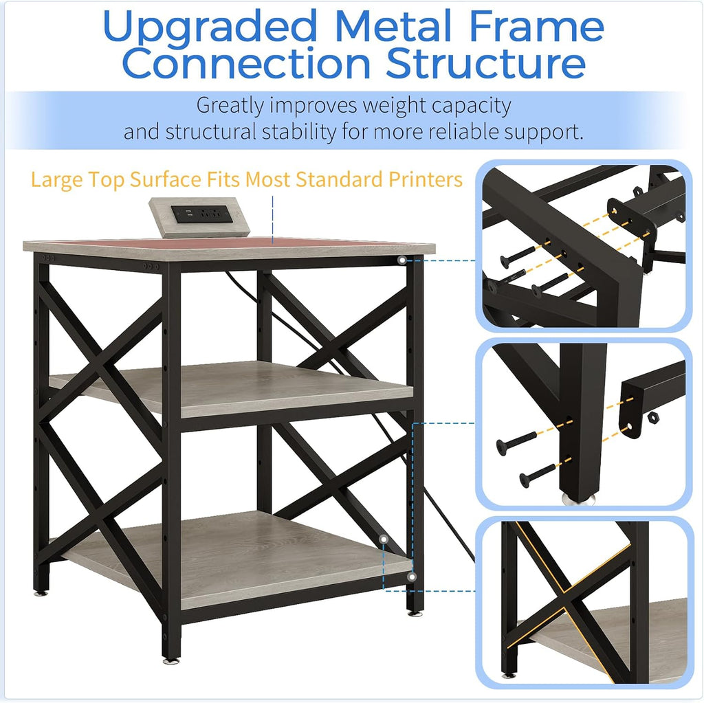 METYERRY Large Printer Stand with Power Outlet, with Height Adjustable Storage Shelf, 3 Tier Rolling Printer Cart with Industrial Wheels, 23.6 x 23.6 Inches Printer Table for Home Office, Greige