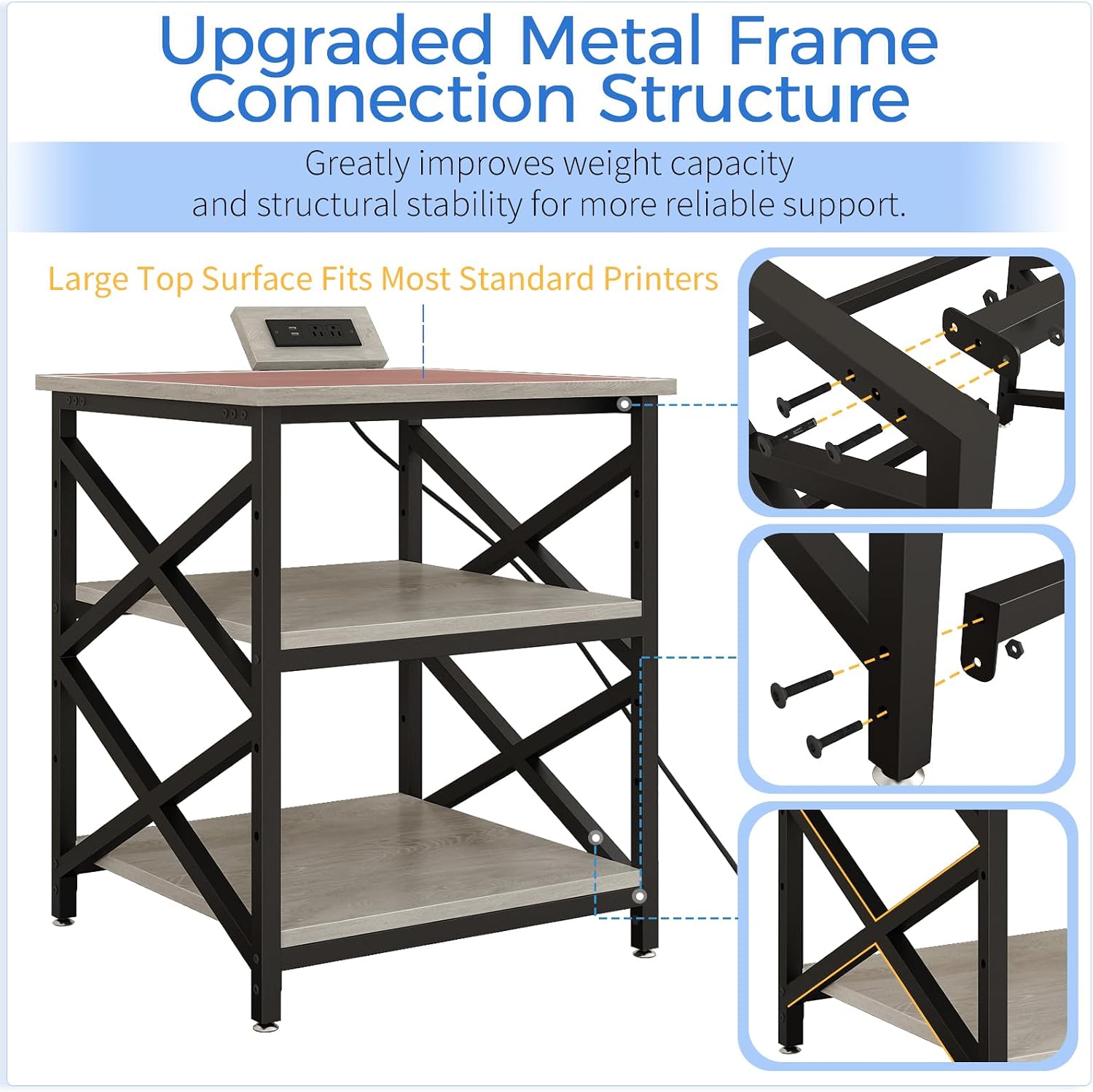 METYERRY Large Printer Stand with Power Outlet, with Height Adjustable Storage Shelf, 3 Tier Rolling Printer Cart with Industrial Wheels, 23.6 x 23.6 Inches Printer Table for Home Office, Greige