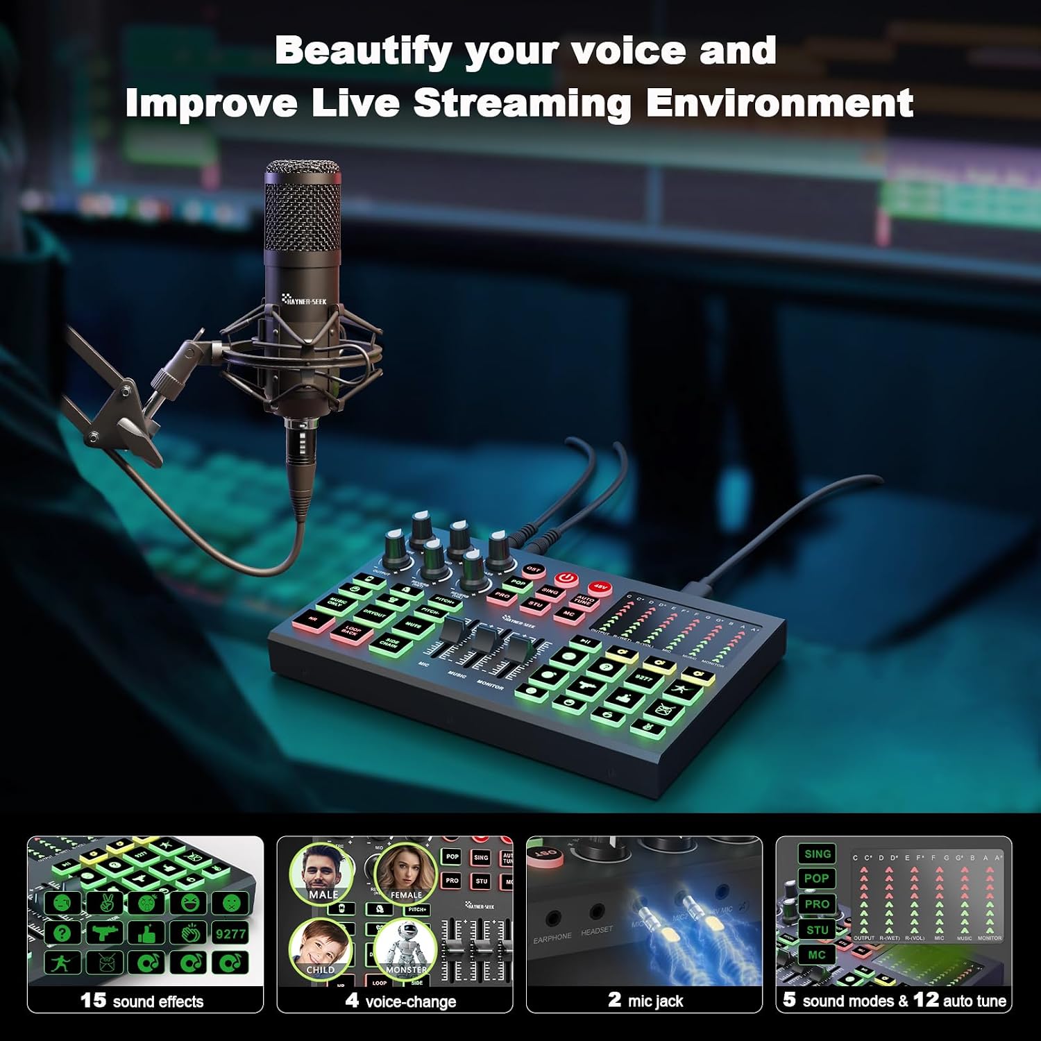 Podcast Equipment Bundle for 2, All-Metal Audio Interface DJ Mixer with Podcast Microphone,Voice Change,48V for Podcast, Streaming, TikTok, YouTube, PC, Smartphone (V1)