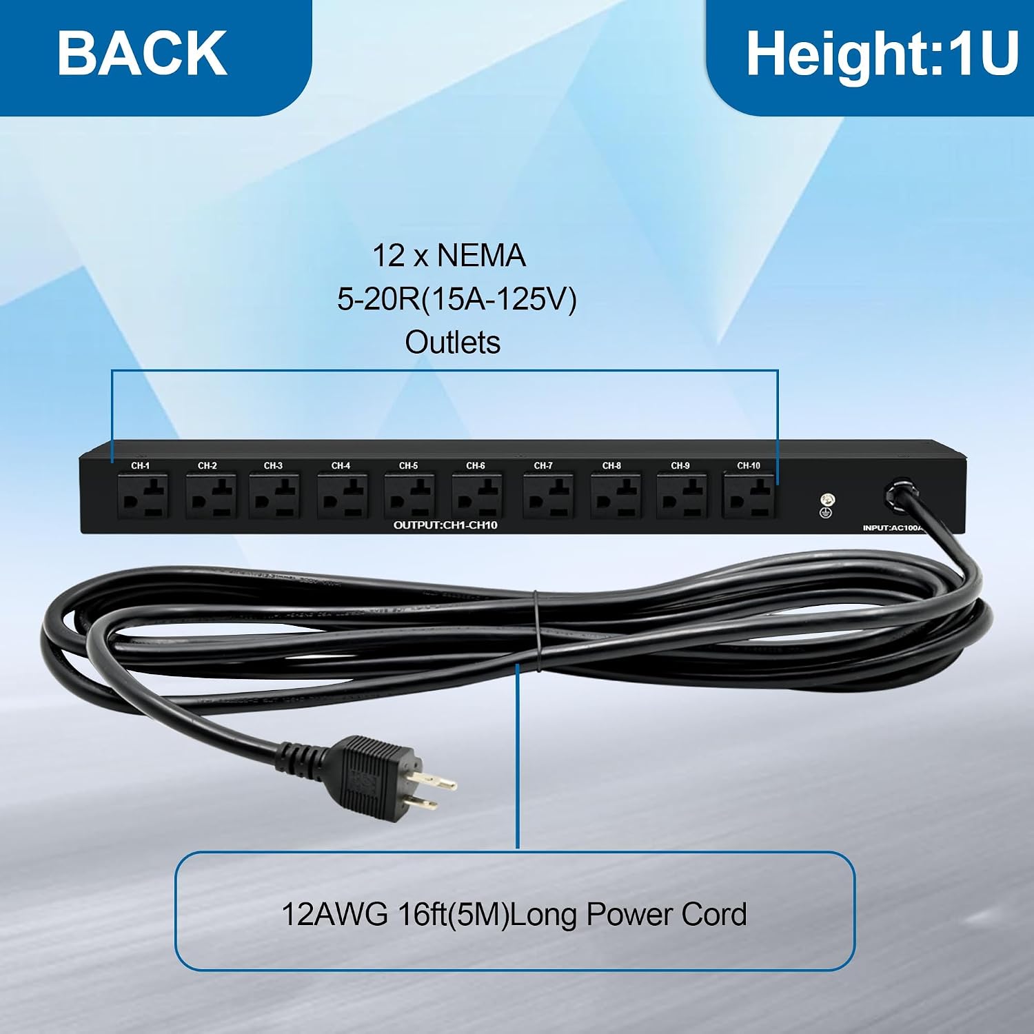 1U PDU Network Servers Surge Protector Power Distribution Unit 12-Outlet, 120V 20A, 3600 Joules 10KA,19″ Rack Mount Power Strip,Heavy-Duty 12AWG 16 ft Cord,w/AC Filter, by ThePoEstore