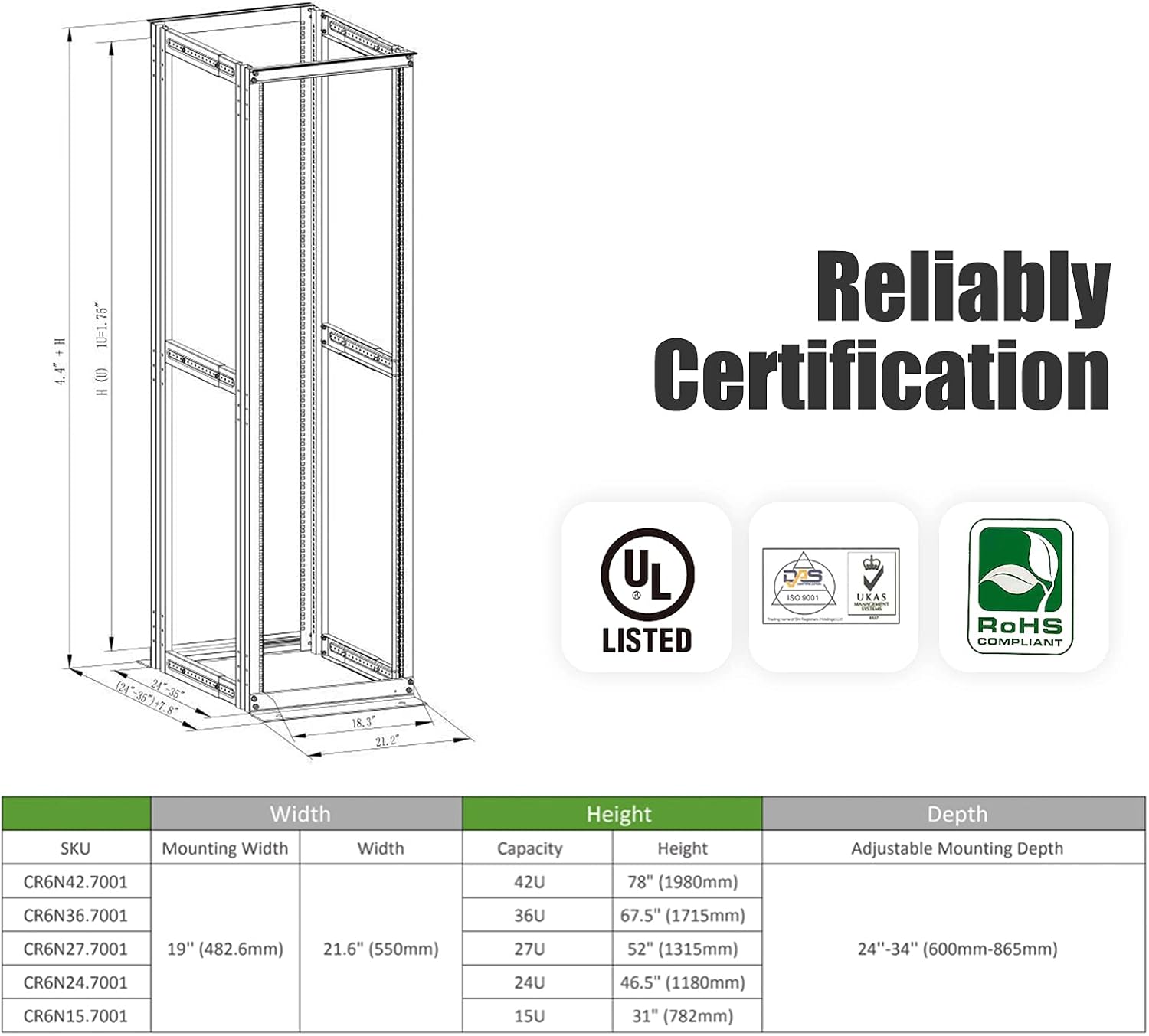 Server Rack 4 Post Open Rack Frame Rack Enclosure 19 Inch Adjustable Depth Aluminum (27U,56Inch Height)
