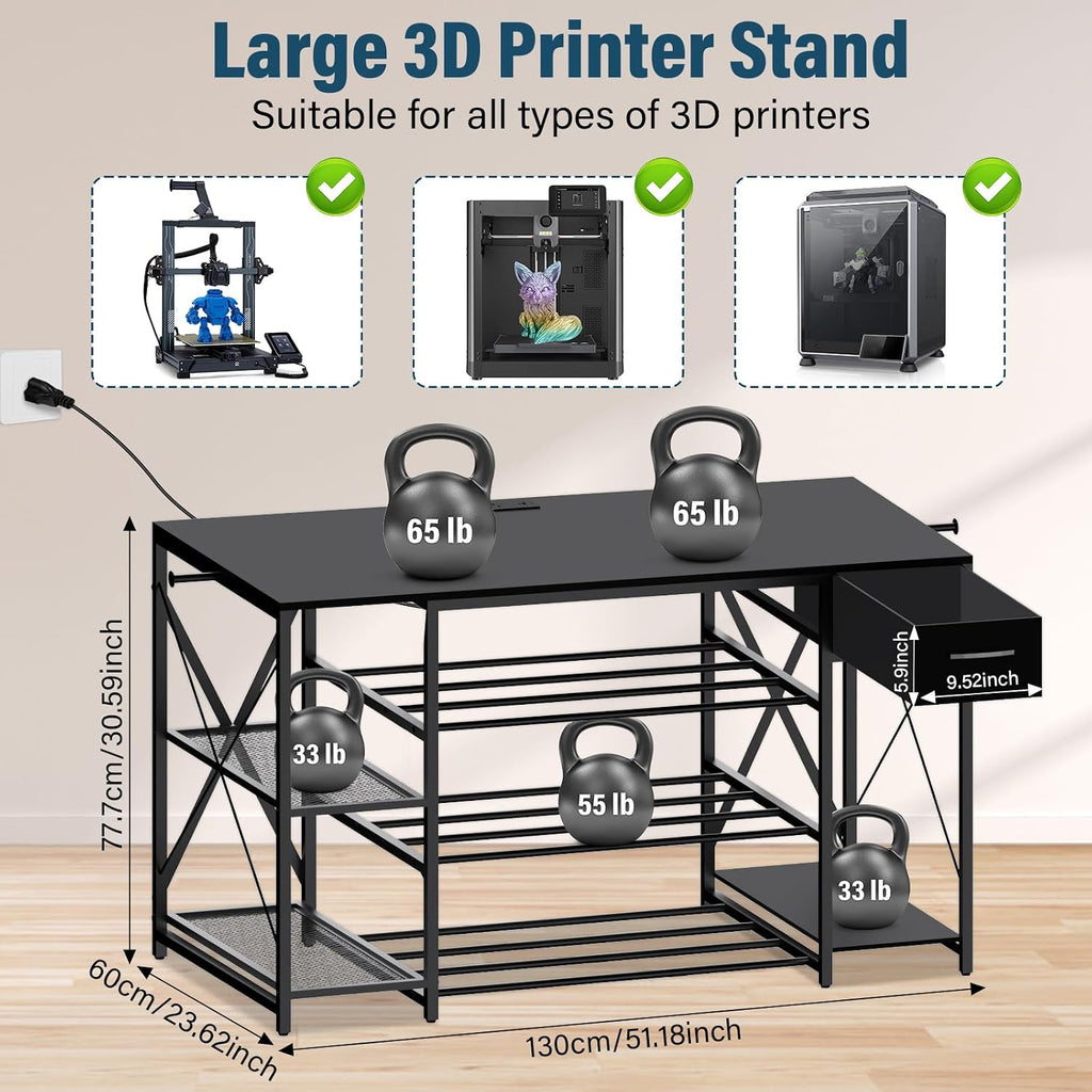 Heavy Duty 3D Printer Table with Storage, Large 4-Tier 3D Printer Stand with Power Outlet & Drawer, Sturdy Wooden Desk & Metal Filament Rack for Workshop, Home Office Black