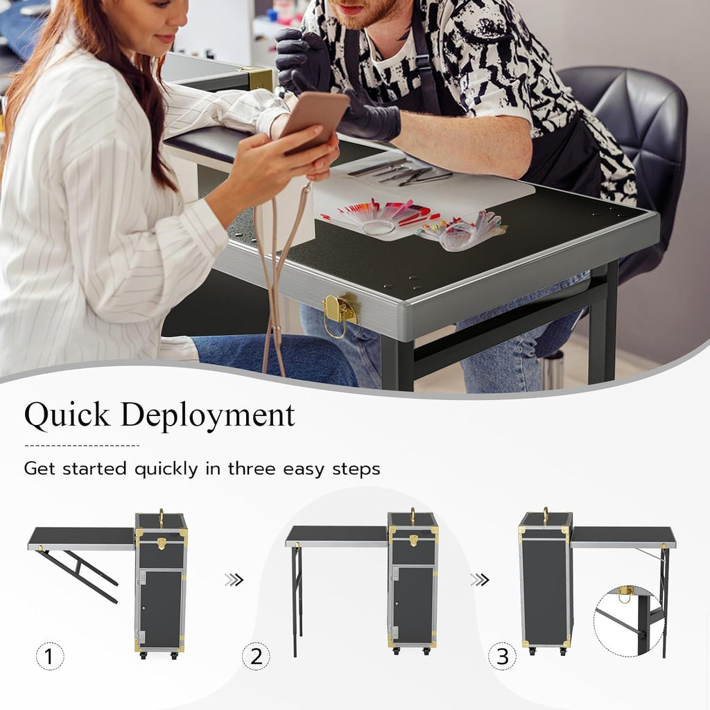 Icoget Portable Rolling Manicure Table for Nail Teach, Foldable Traveling Nail Desk w/Storage, Mobile Manicure Table w/Audio and Mirror, Makeup Train Case Cosmetic Trolley, Black