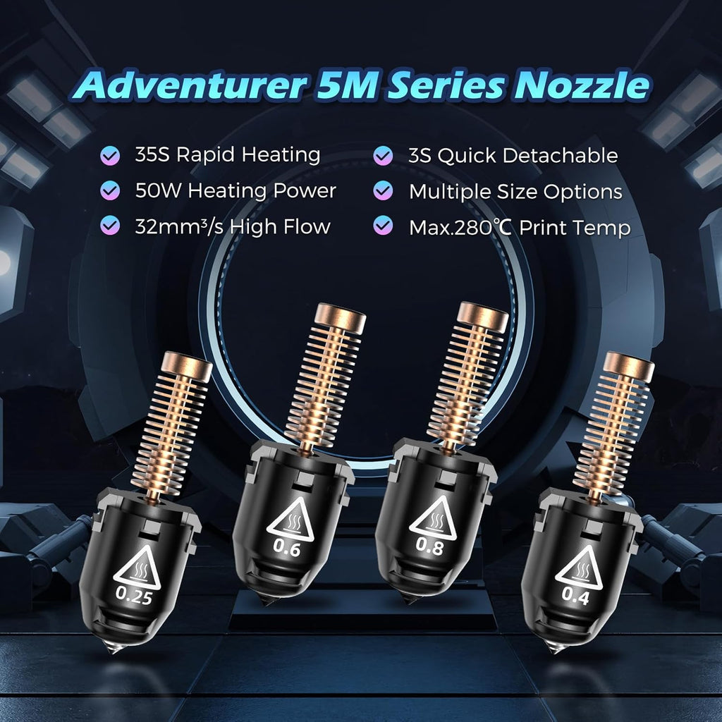 FLASHFORGE Adventurer 5M Nozzle, All Sizes 4-Pack Nozzle Set, 280℃ High Flow 32mm³/s Nozzle for Stable High-Speed Printing, Adventurer 5M Pro Hotend, 3S Quick-Detachable Nozzle