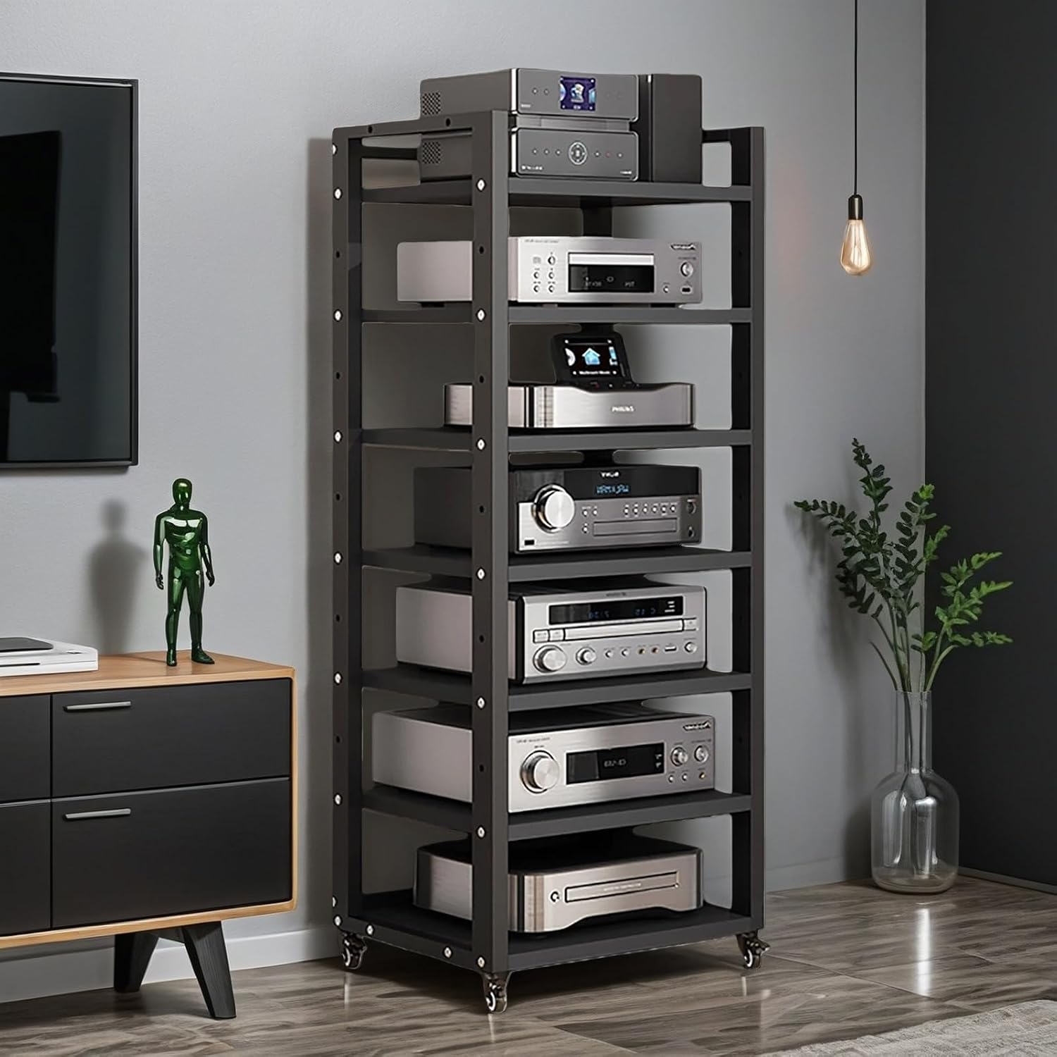 7-tier Av Media Stand, Audio Rack With Adjustable Shelves, Stereo Racks And Stands With Wheels, Stereo Rack For Home, Office, Theater(B)