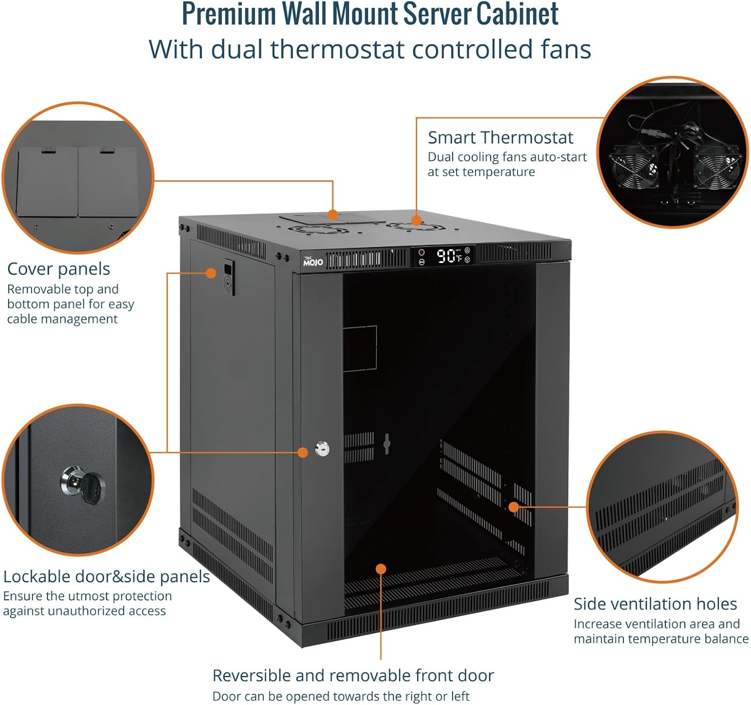 Tecmojo 12U Wall Mount Rack with Thermostat, 17.7inch Depth Enclosed Server Cabinet with 2 Cooling Fans,Lockable Door & Hardware,12U Rack for 19inch Equipments,Glass Door