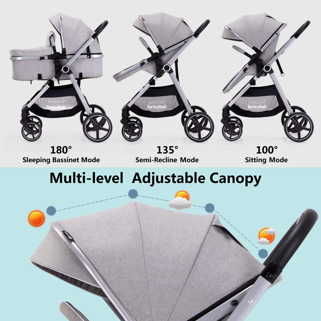 Lortsybab 2-in-1 Baby Stroller - Folding Infant Newborn Pram Stroller with Reversible Seat - Toddler Strollers for 0-36 Months Old Babies (Grey)
