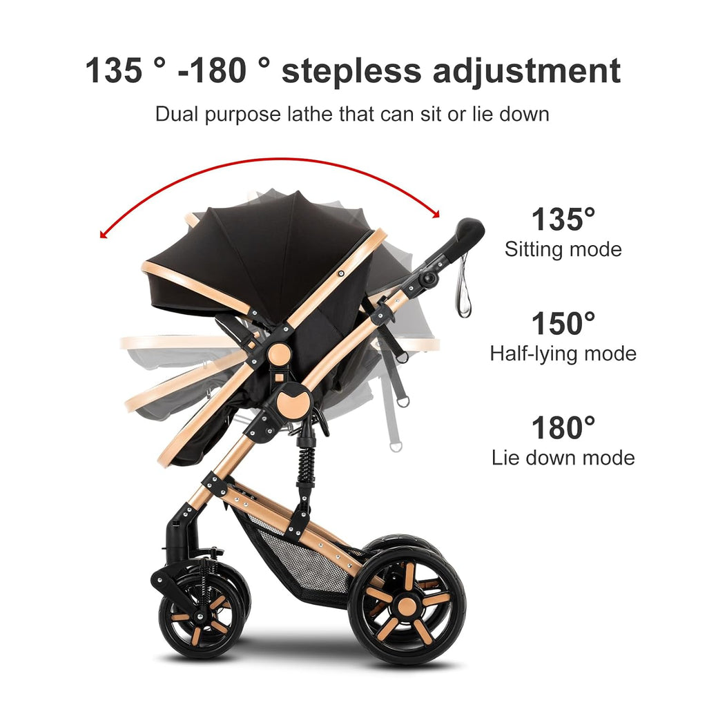 2 in 1 Baby Stroller, Convertible Pram, Reversible Standard Baby Stroller, Portable Baby Buggy, Infant Carriage, Foldable High Landscape Pushchair for Toddler Newborn (2US588-BLACK)