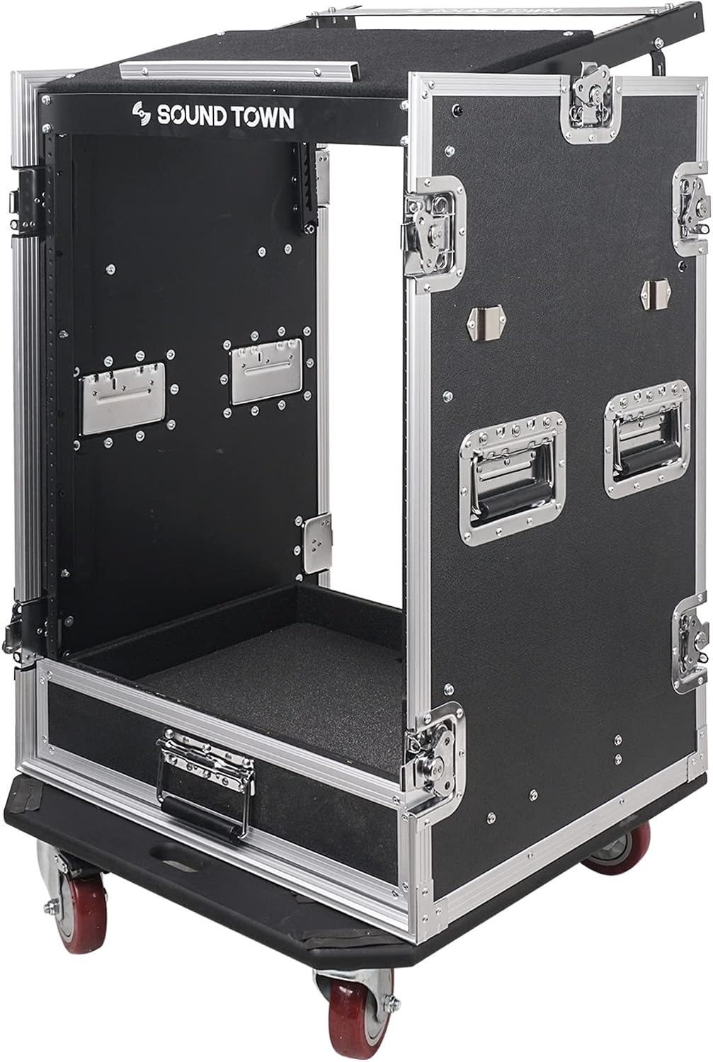 Sound Town 16U PA DJ Pro Audio Rack/Road ATA Case with 2U Drawer, 11U Slant Mixer Top, DJ Work Table, Casters, Pro Tour Grade (MR-DR16UT)