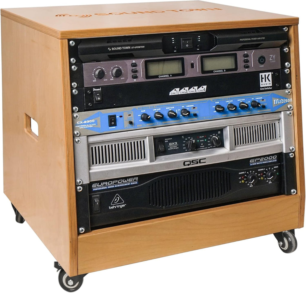 Sound Town DIY Solid Baltic Birch Plywood Slanted 8U Studio Rack, Golden Oak (SDRK-8T)