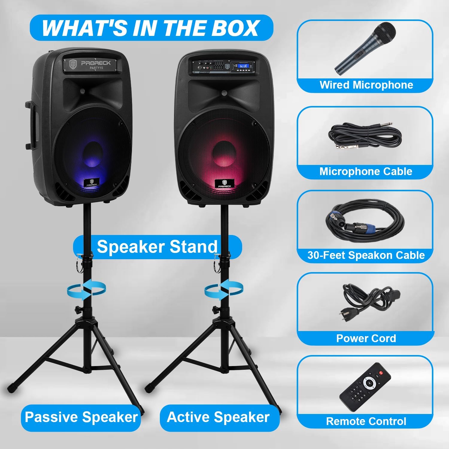 PRORECK Party 15 Portable 15-Inch 2000 Watt 2-Way Powered PA Speaker System Combo Set with Bluetooth/USB/SD Card/FM/Remote Control/LED Light for Indoor, Outdoor DJ Parties, Karaoke
