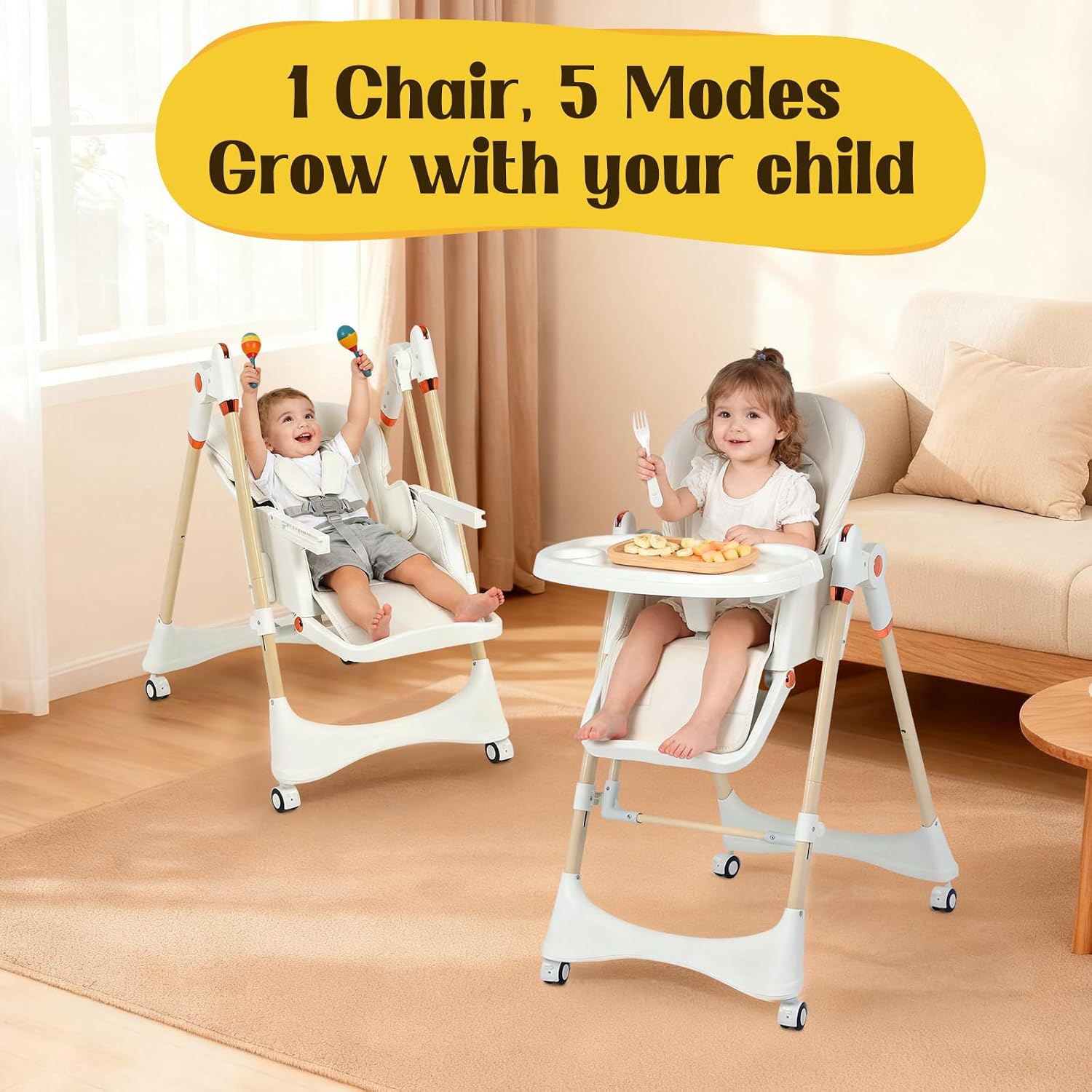 6-in-1 Convertible High Chair with Rocker | Baby High Chair for Newborn to Toddler (0-3 Years) | Adjustable, Foldable & Easy-Clean with Dishwasher Safe Tray & Tool-Free Assembly,White