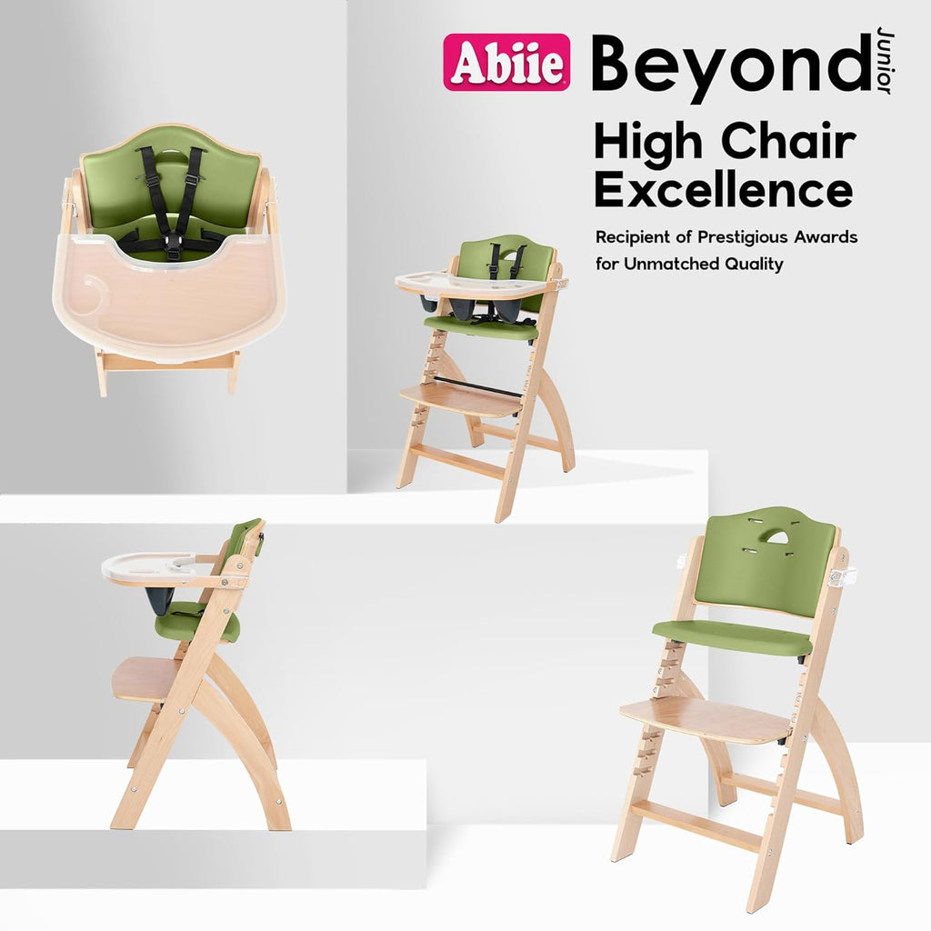 Abiie Beyond Junior Wooden High Chair for Babies and Toddlers - Convertible 3-in-1 Baby Highchair with Removable Tray - 6 Months to 250 Lb - Water Resistant - Natural Wood/Olive Cushion
