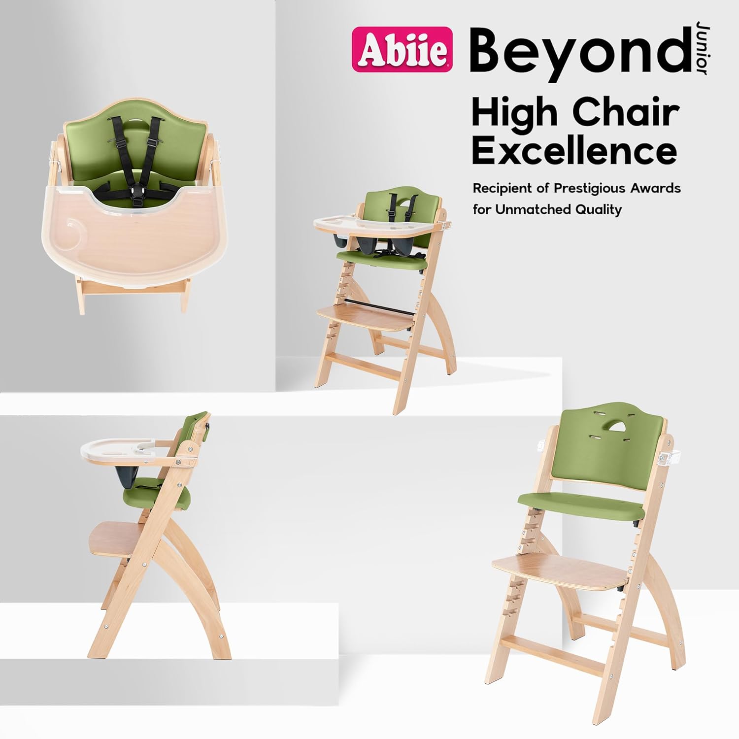 Abiie Beyond Junior Wooden High Chair for Babies and Toddlers - Convertible 3-in-1 Baby Highchair with Removable Tray - 6 Months to 250 Lb - Water Resistant - Natural Wood/Olive Cushion