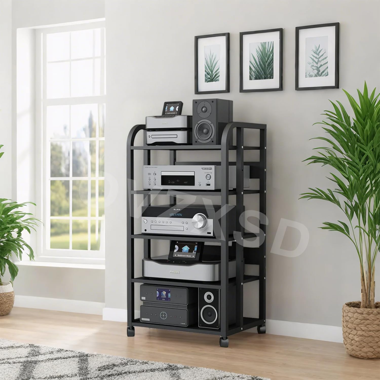 5-Tier AV Media Stand with Wheels, Audio-Video Shelving Adjustable, Modern Stereo Cabinet Receiver Console Shelf, Audio Component Rack for Home/Office/Theater, Blcak