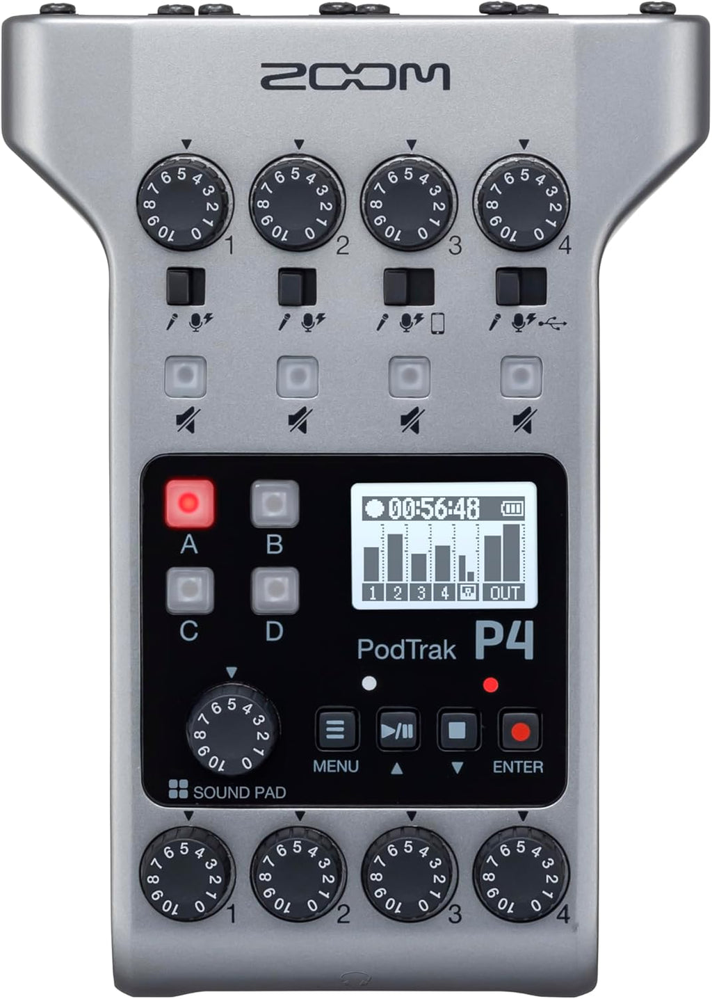 Zoom PodTrak P4 Podcast Recorder with 4 XLR Mic Inputs, 4 Headphone Outputs, Phone & USB Input for Remote Interviews, Sound Pads, 2-In/2-Out USB Audio Interface, Battery Powered