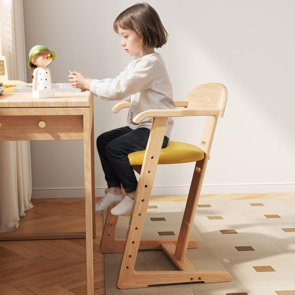 DOMGMUWUJEE Solid Wood Toddler Dining Chair - Adjustable Height Easy to Clean Toddler high Chair - Kids high Chair from 3 Years to 200 Lb, Grow with Child (Natural Yellow)