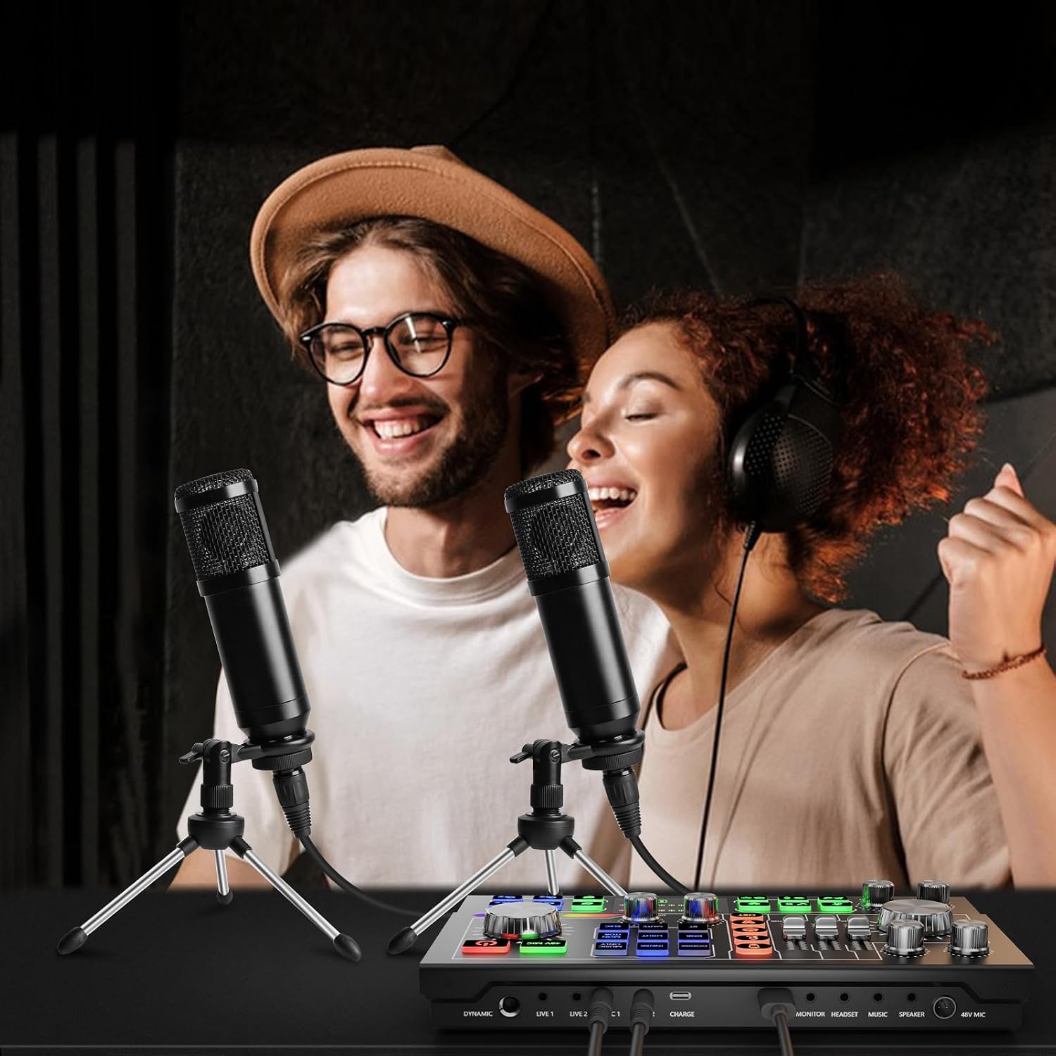 Podcast Equipment Bundle for 2, Audio Interface, Voice Changer with 3.5mm Condenser Microphone, Dual BT Wireless, 48V Phantom Power Supply for PC/Smartphone/Laptop,Streaming Recording,TikTok