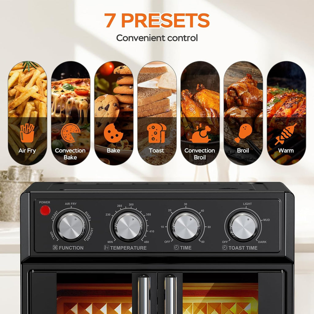 PlumChef 26L Large capacity French Double-Door Air Fryer Convection Toaster Oven,1700W, 7 Preset Menus, 7-in-1 Multi-Function for Bake, Roast, Grill, Toast, Dehydrate& Defrost,Stainless Steel,Black