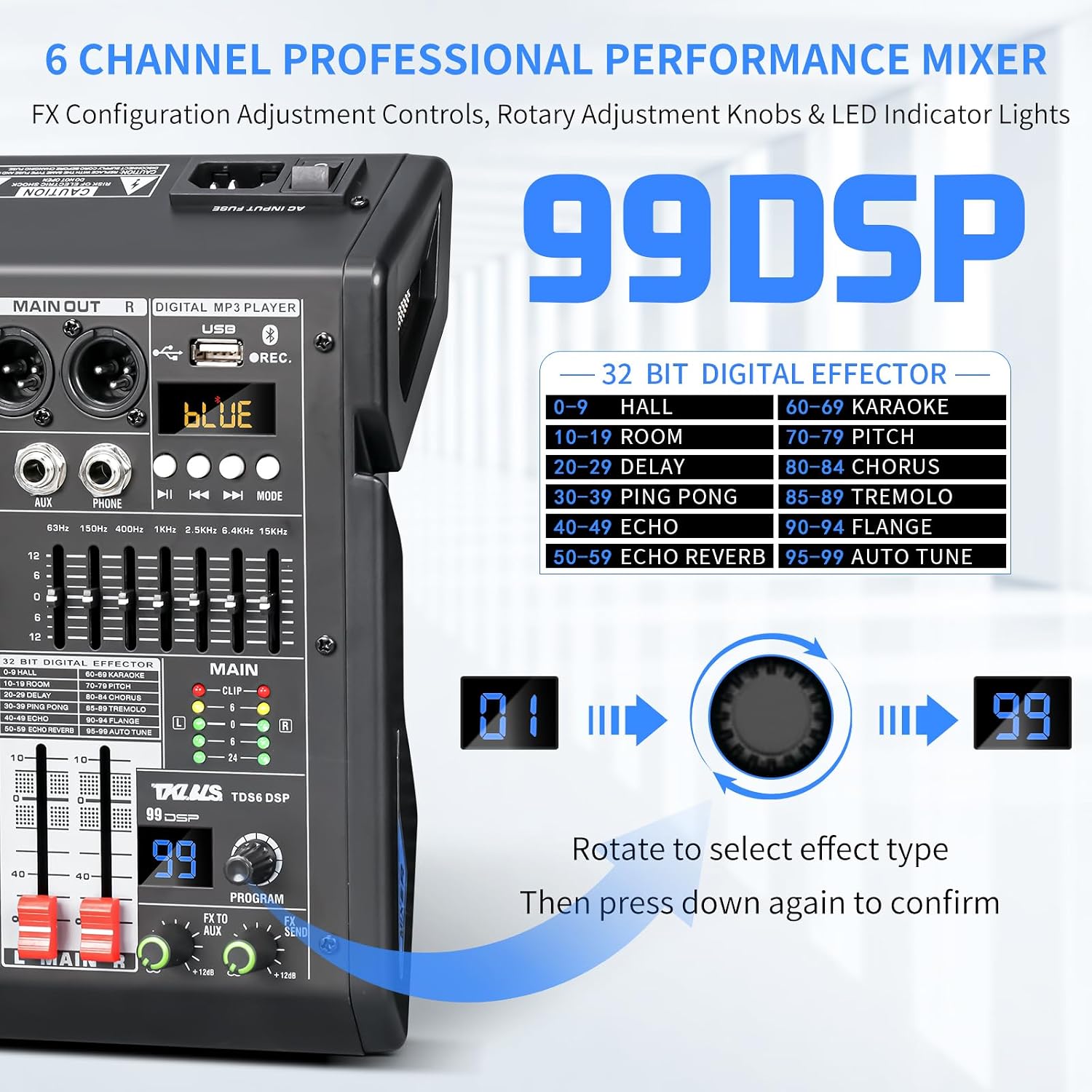 Audio Mixer, 6-Channel Professional DJ Mixer with 99-Bit DSP Effects, 7-Band EQ, 48V Phantom Power, MP3/Computer Input - Studio Audio Mixing Console for Recording & Live Performances