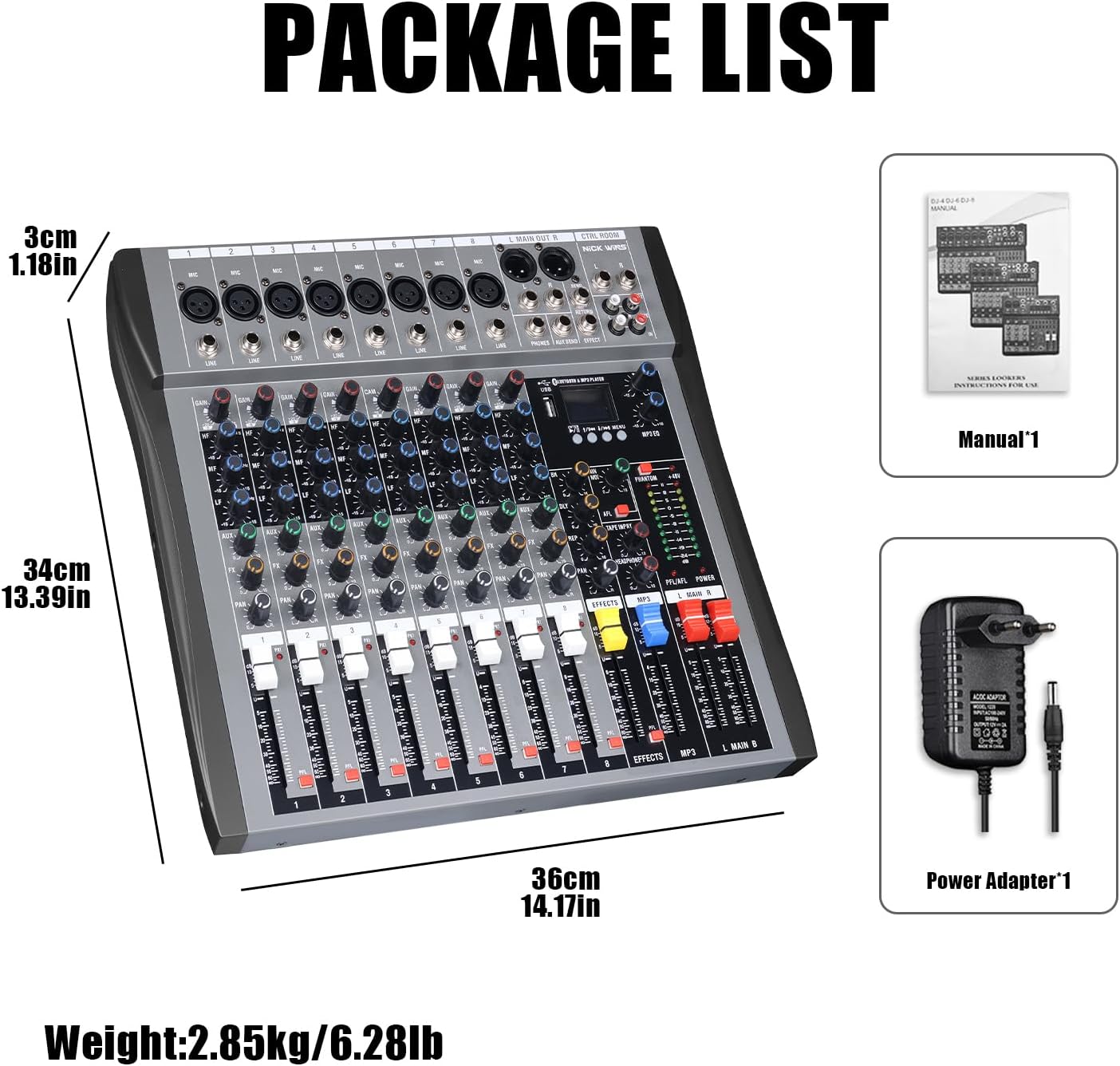 8 Channel mixer professional Audio Mixer, dj mixer with Individual Channel Control and USB Audio Recording & Editing via Computer, All-Metal mezcladora para dj (8 Channel)