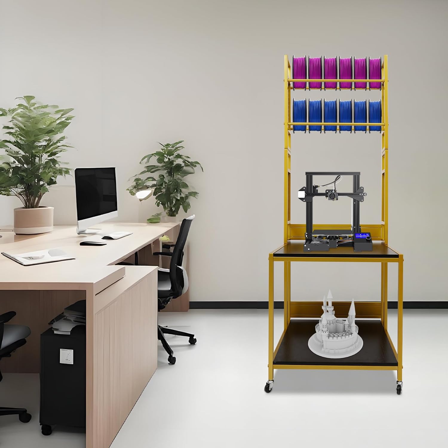 3D Printer Stand with Double Layer Printer Filament Storage Rack, Heavy Duty Mobile Table with 4 Wheels for Workshop Studio Office (Gold)