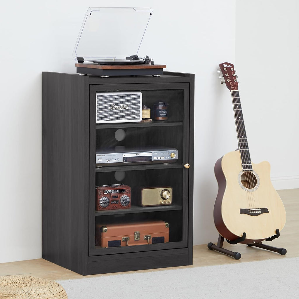 LEVNARY Media Cabinet with Door, Black 5-Tier Stereo Cabinet with Adjustable Shelves, AV Media Storage Shelf with Cable Management, Audio-Video Rack Stand for Living, Gaming, Recording Room (Black)