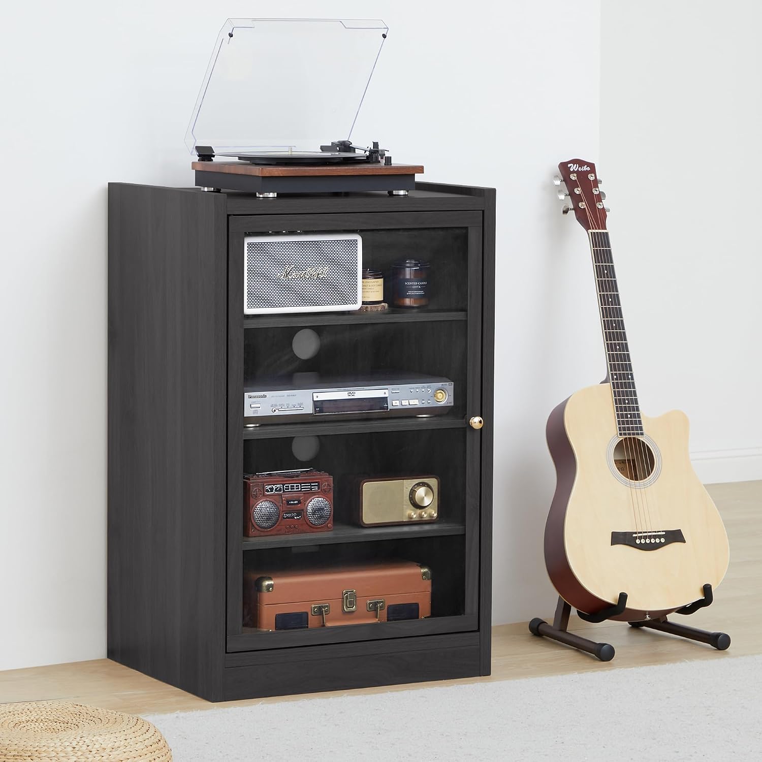 LEVNARY Media Cabinet with Door, Black 5-Tier Stereo Cabinet with Adjustable Shelves, AV Media Storage Shelf with Cable Management, Audio-Video Rack Stand for Living, Gaming, Recording Room (Black)