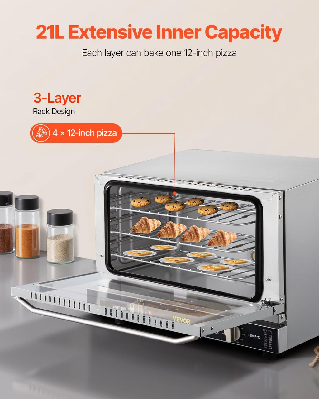 VEVOR Commercial Convection Oven, 21L/19Qt, Quarter-Size Conventional Oven Countertop, 1440W 3-Tier Toaster w/Front Glass Door, Electric Baking Oven w/Trays Wire Racks Clip Gloves, 120V