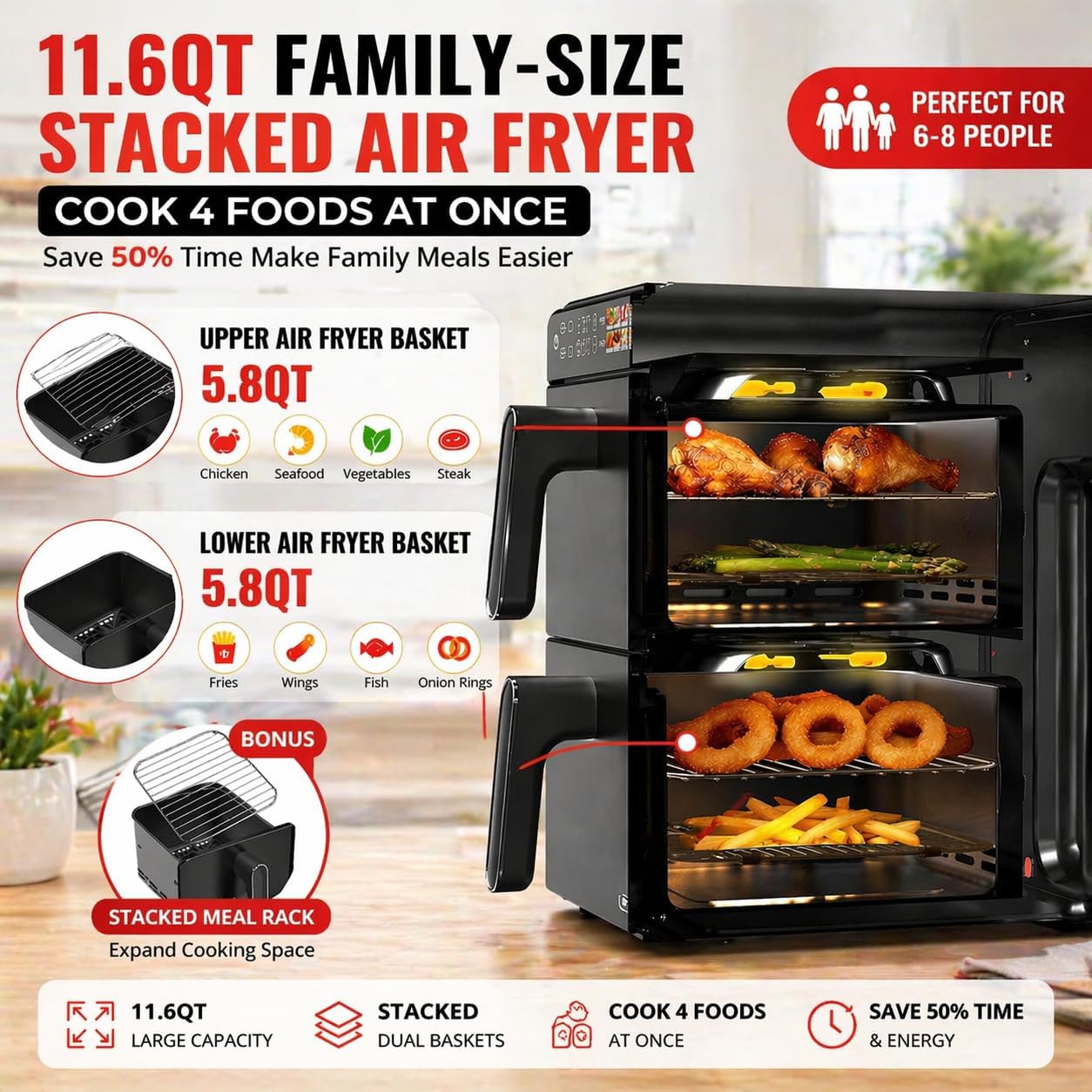 11.6QT Dual Basket Air Fryer Oven, Vertical 2-Basket Design, 6-in-1 Presets Function with Digital Touchscreen, Sync & Match, Easy to Clean, Dishwasher Safe, Family Meals