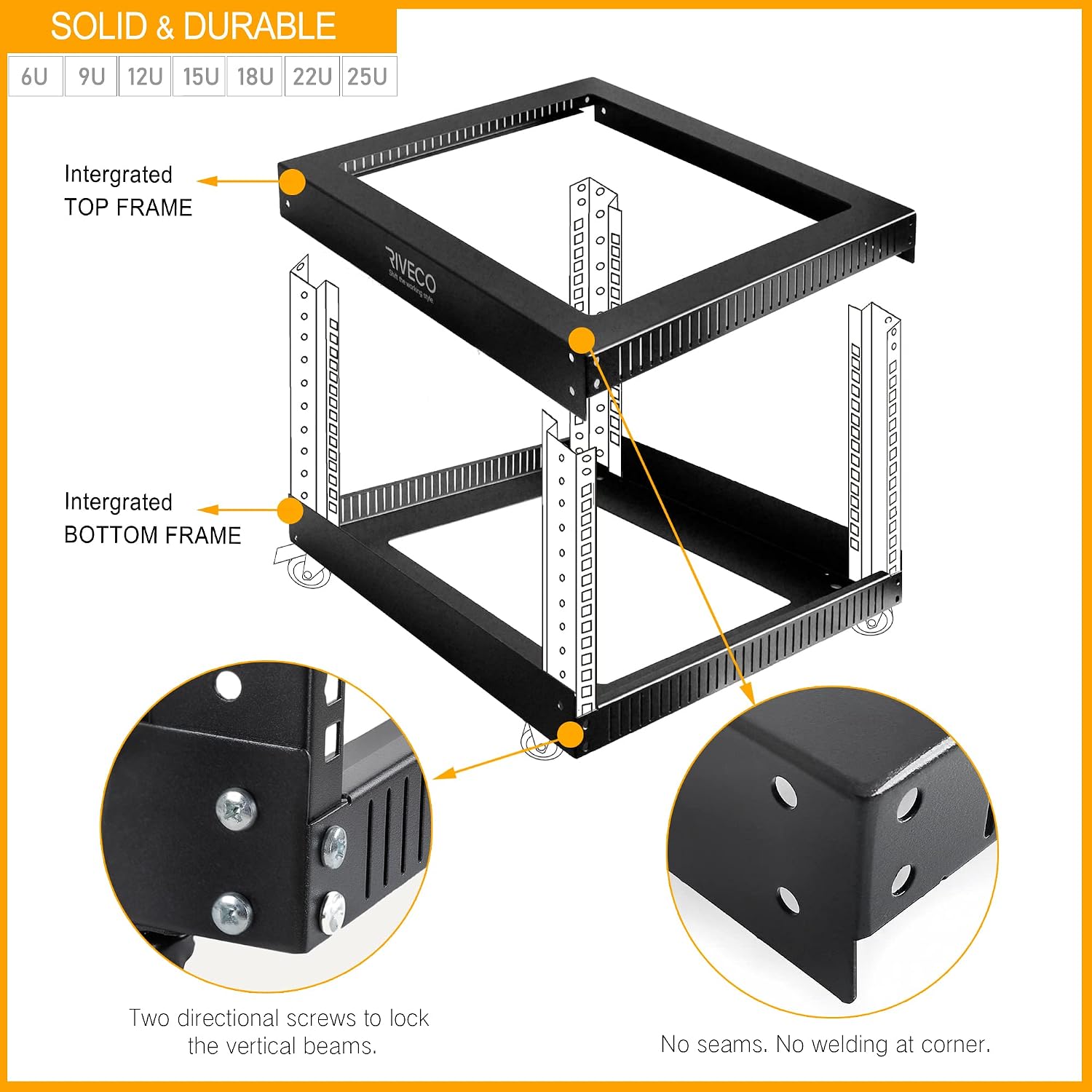 RIVECO 15U Server Rack Floor Standing Open Frame with Wheels- 19-inch 4 Post Quick Assembly AV Rack Network Heavy Duty Durable Black