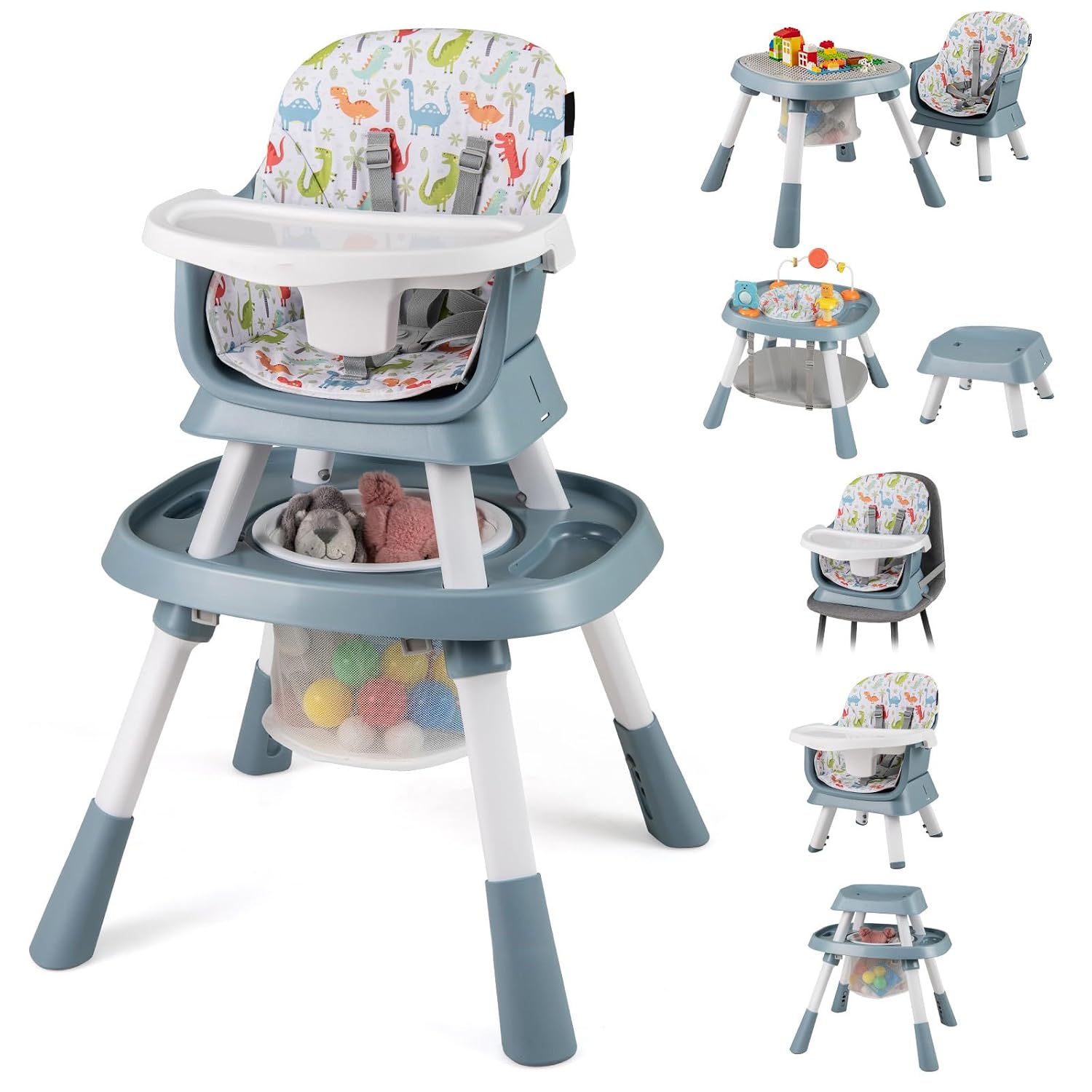 HONEY JOY 16-in-1 Baby High Chair, Convertible Highchair for Babies and Toddlers/Booster Seat/Activity Center with Toys, Building Block Table & Stool, Safety Harness, Removable Cushion & Tray (Blue)