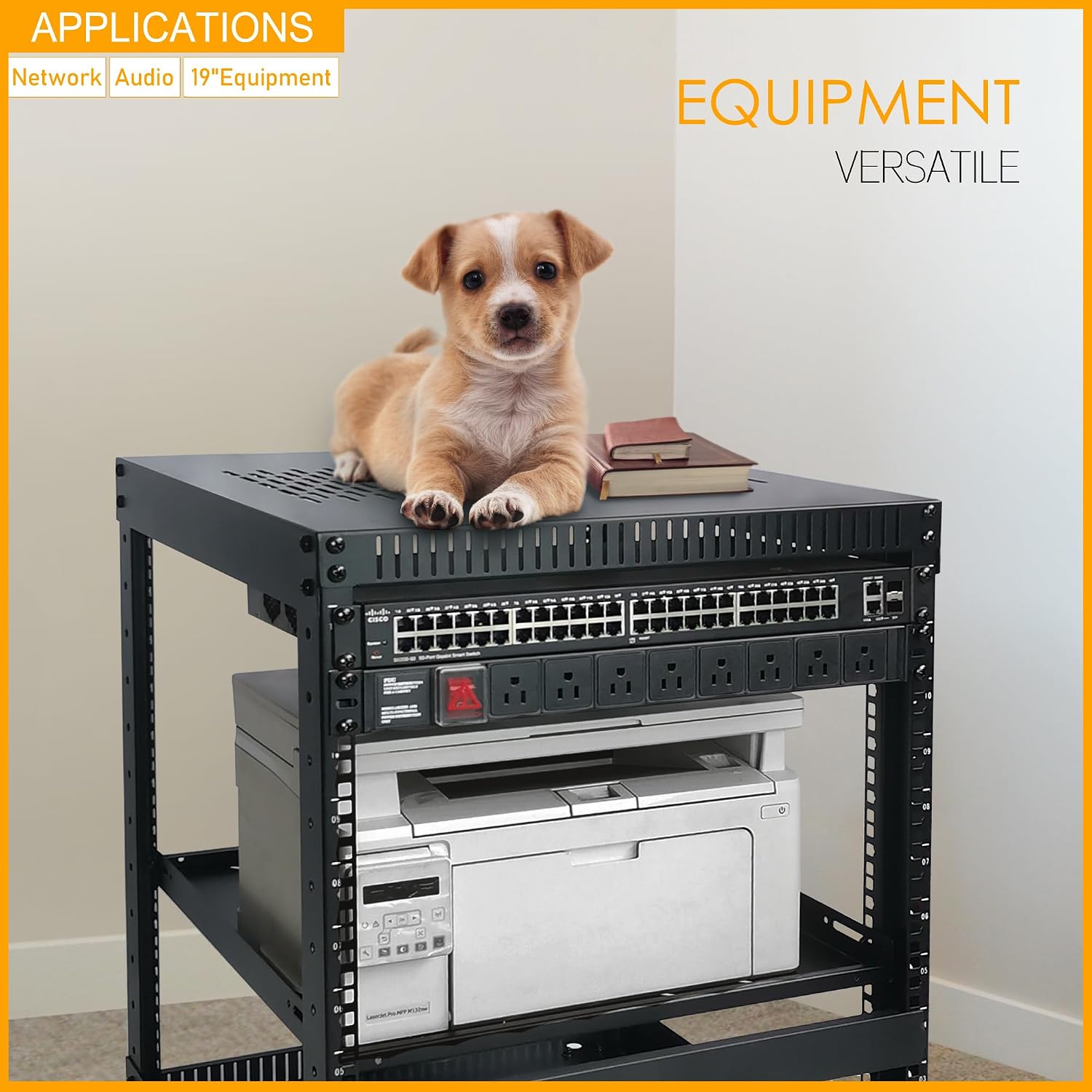 RIVECO 25U Network Rack with Reinforced Top Cover - 4 Post Floor Rack on Wheels for 19' Equipment & Stereo Gear- Including Mount Power Strip & 2PCS 1U Shelves