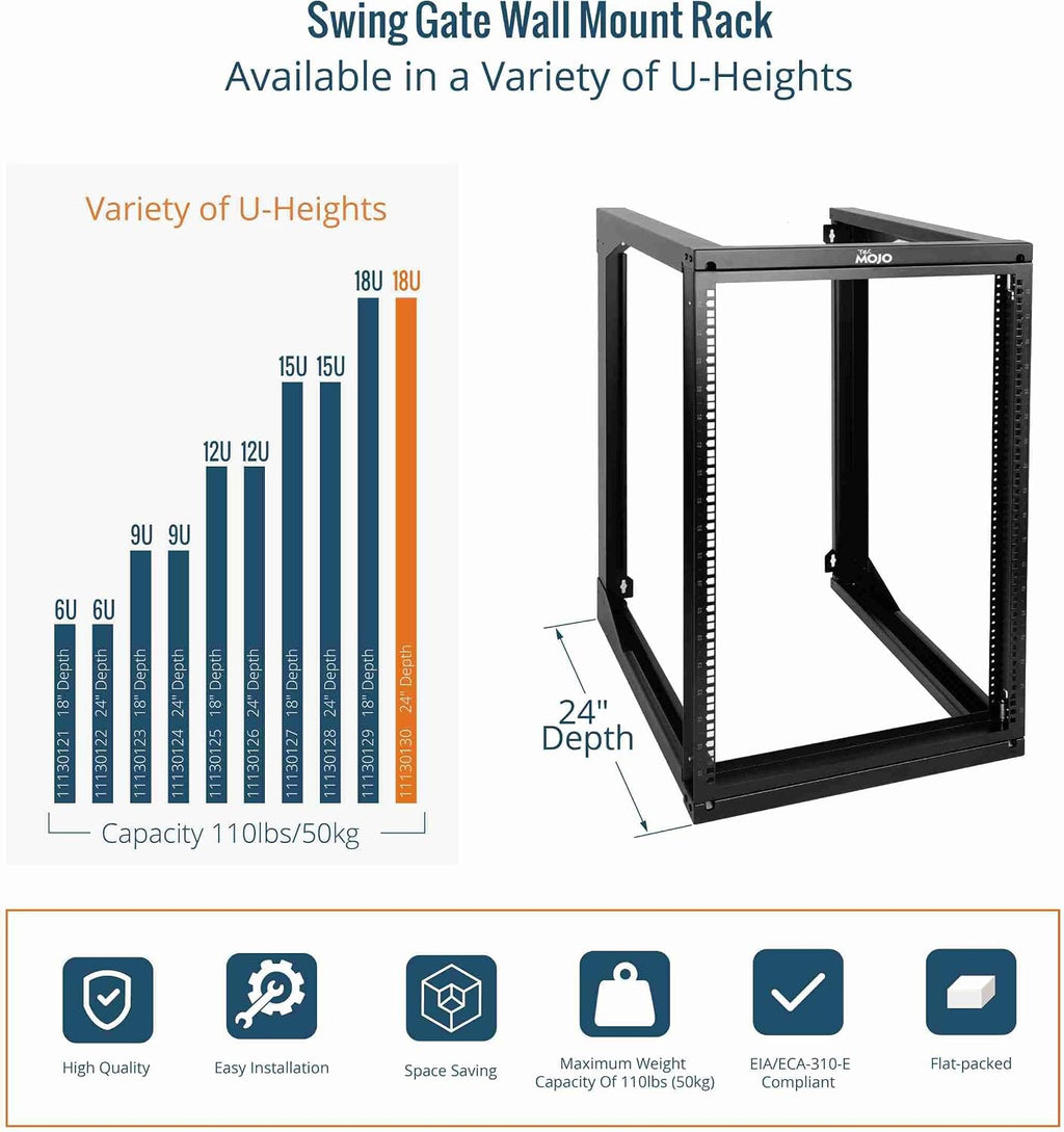 Tecmojo 18U Wall Mount Server Rack, Open Frame Network Rack for 19' Computer/AV/Data/IT/Media Equipment, 24' Depth, 16' Apart Mounting Holes, Swing Gate, Square and Tapped Holes