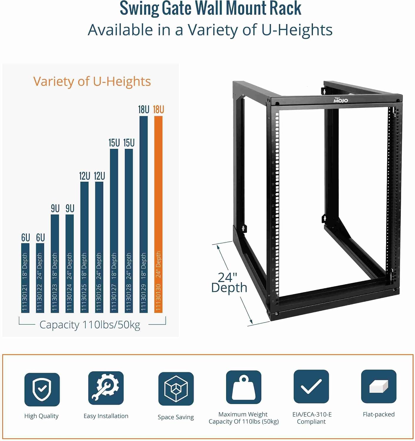 Tecmojo 18U Wall Mount Server Rack, Open Frame Network Rack for 19' Computer/AV/Data/IT/Media Equipment, 24' Depth, 16' Apart Mounting Holes, Swing Gate, Square and Tapped Holes