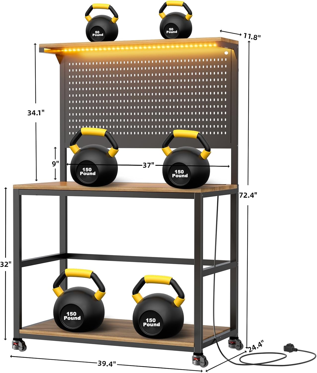 3D Printer Stand with Filament Storage Workstation, Large Mobile 3D Printer Workbench with AC/USB Power Hub and LED Lights, Heavy Duty Printer Desk with Pegboard for Studio Garage, Brown, Big