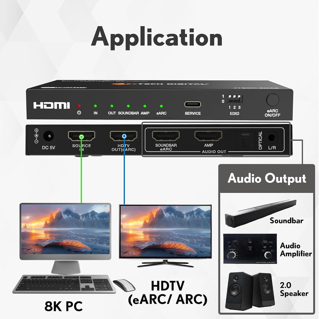 J-Tech Digital 8K HDMI Audio Extractor with eARC ARC 8K 60Hz 4K 120Hz, HDMI to Optical L/R Converter Adapter, HDCP 2.3 HDR CEC EDID [JTECH-8KAE]