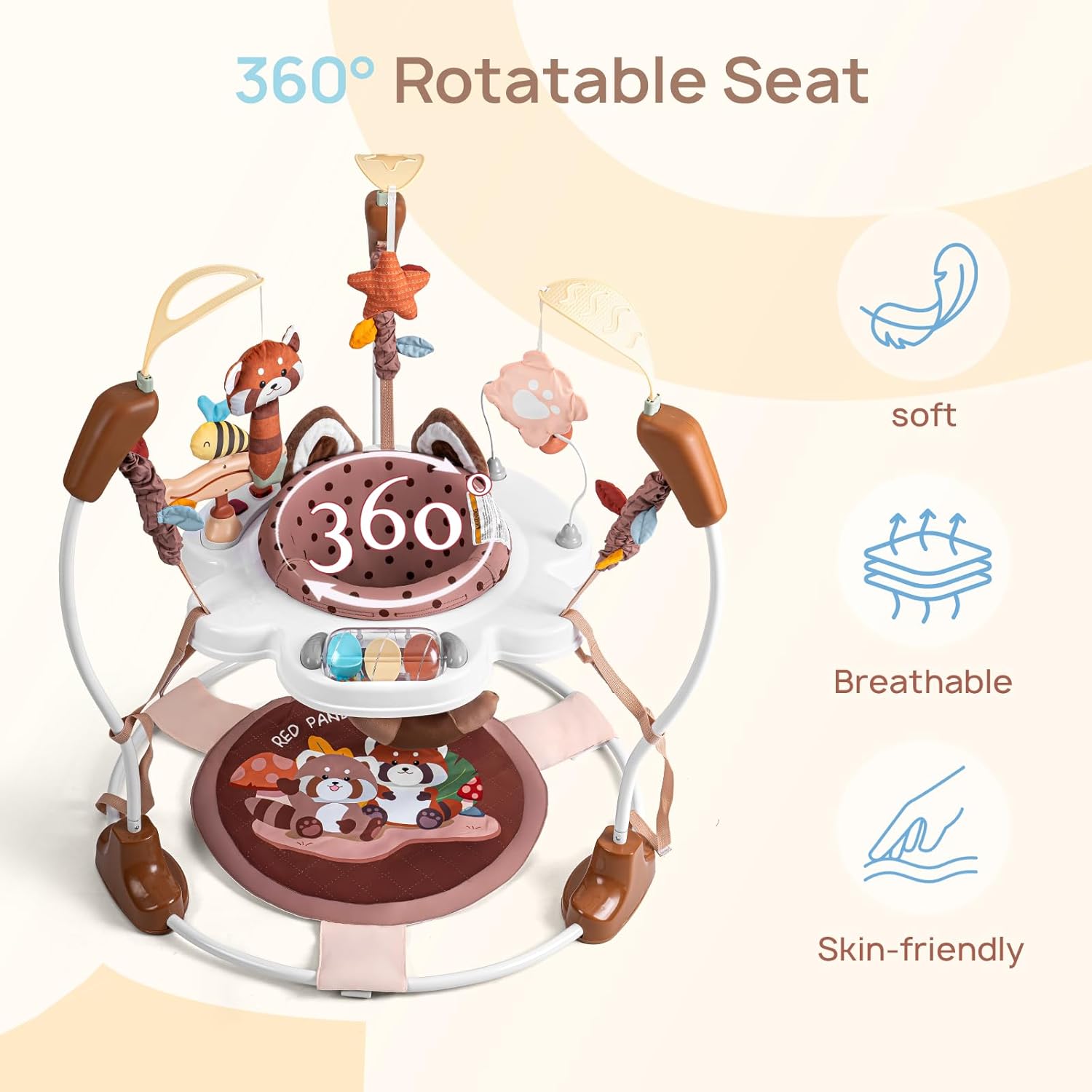 Baby Activity Center, Baby Jumper Activity Center with Music, Interactive Toys, 360° Rotating Seat, 3 Adjustable Heights, Infant Activity Jumper for 6+ Months (Red Panda)