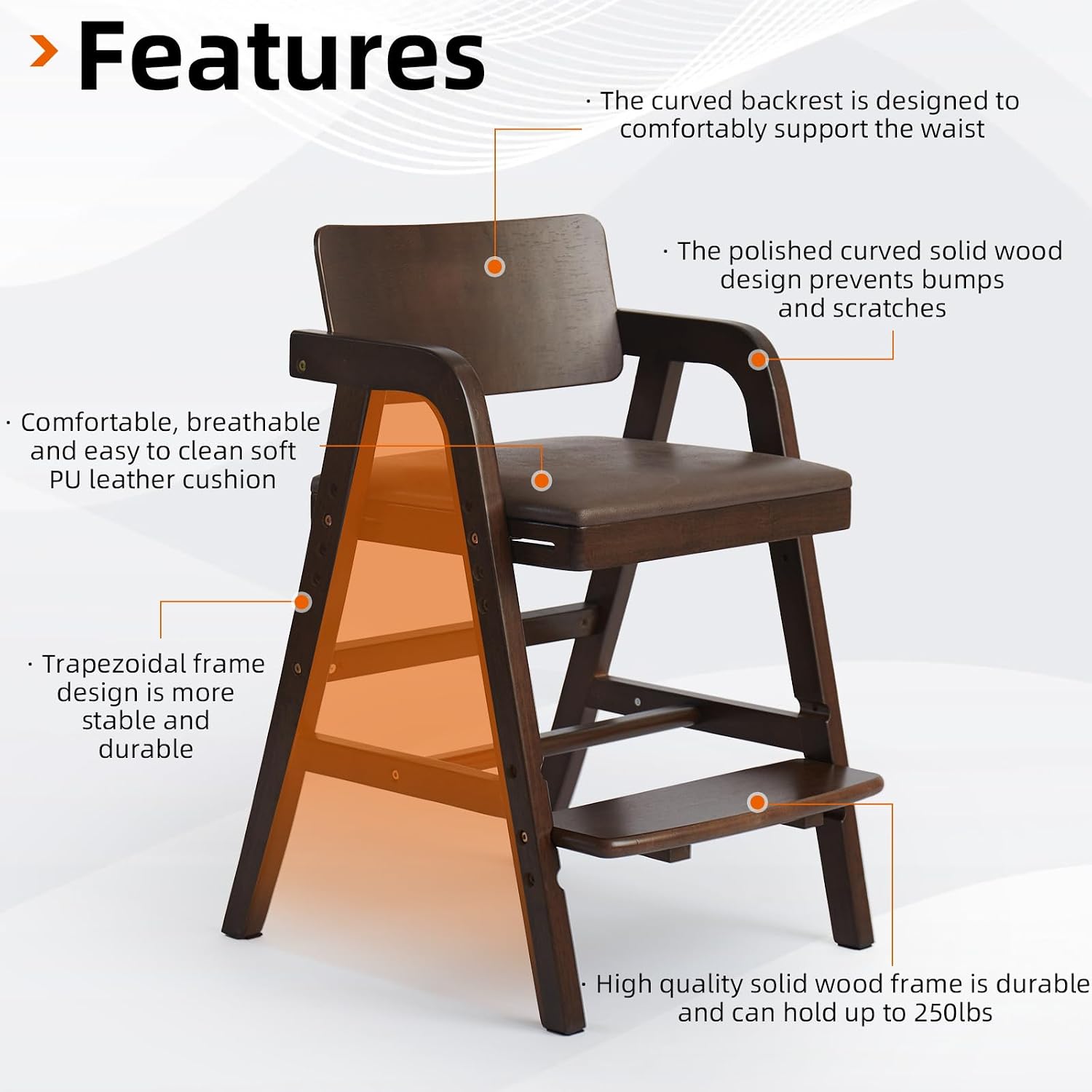 Wooden High Chair for Toddlers & Baby, Adjustable Dining Feeding Chair Grows with Kid, Ergonomic High Chair for Babies, Wipe Clean Skin-Friendly Cushion, for Home & Restaurant - Walnut