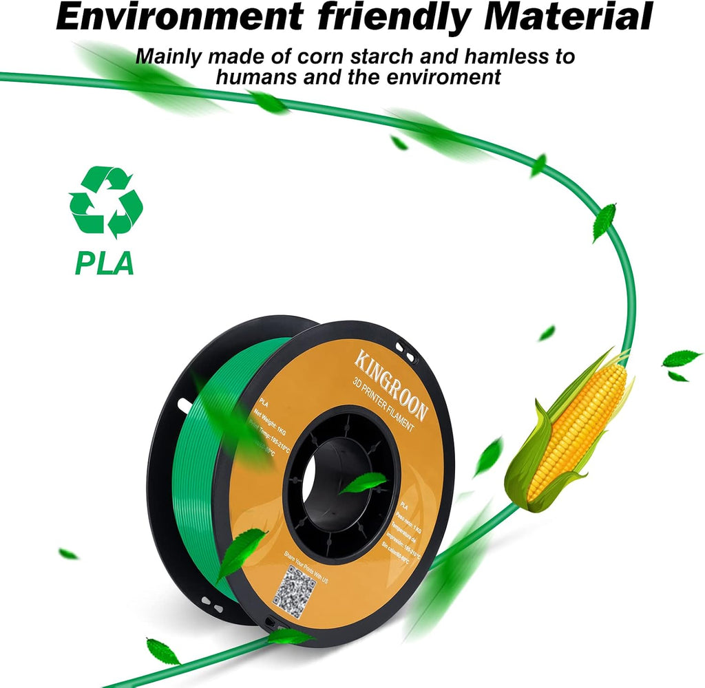 Kingroon PLA 3D Printer Filament,10 Rolls, Dimensional Accuracy +/- 0.03 mm, 10kg Spool(22lbs),1.75 mm,2Green+2Red+2Blue+2Yellow+2Skin