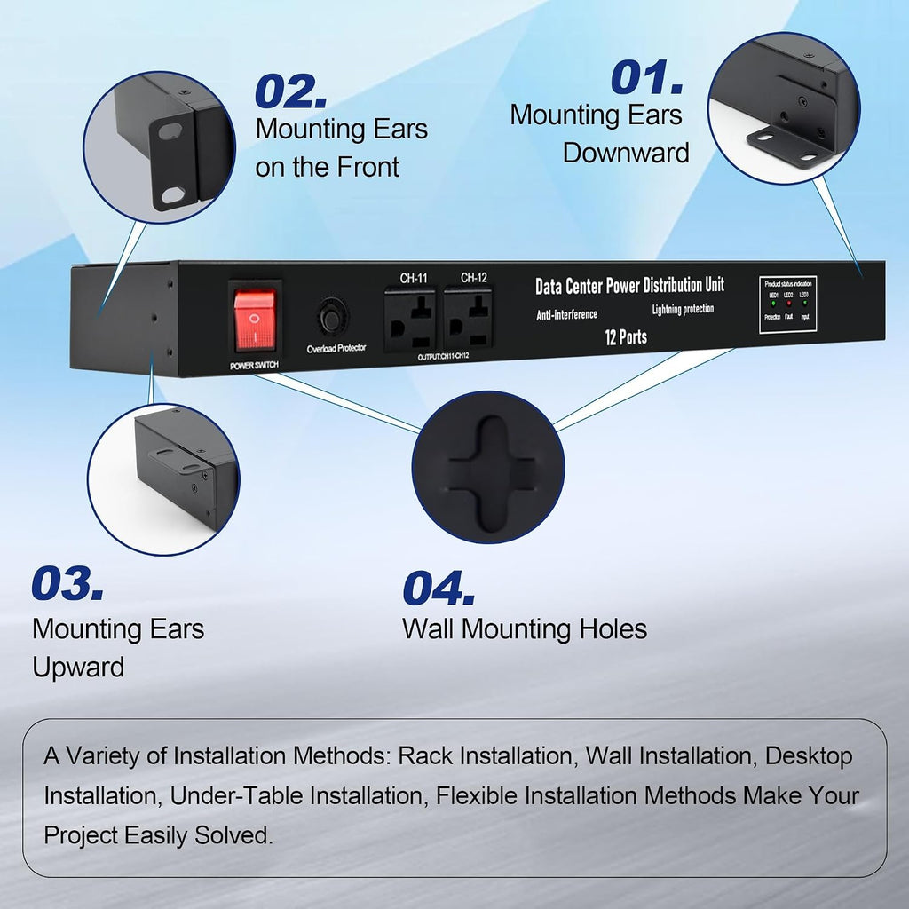 1U PDU Network Servers Surge Protector Power Distribution Unit 12-Outlet, 120V 20A, 3600 Joules 10KA,19″ Rack Mount Power Strip,Heavy-Duty 12AWG 16 ft Cord,w/AC Filter, by ThePoEstore