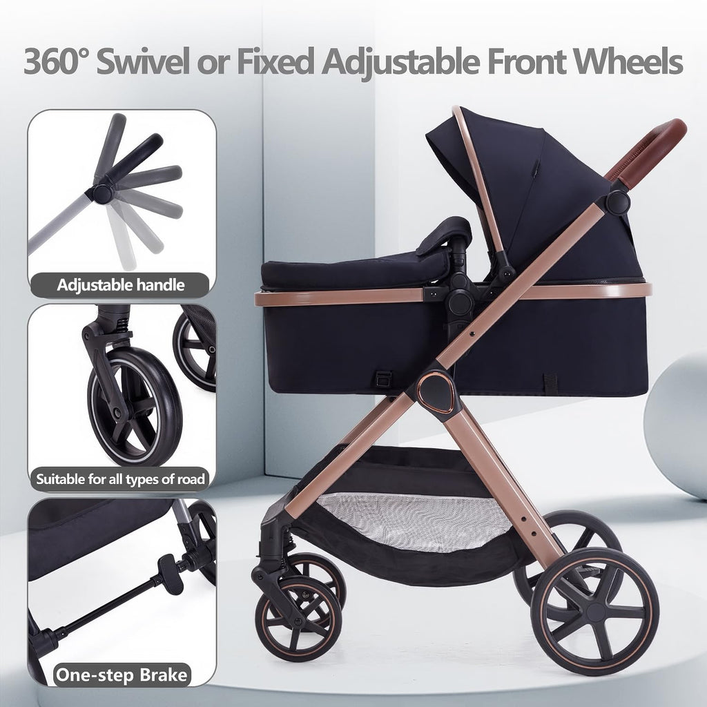 Lortsybab 2 in 1 Baby Stroller, Newborn Infant Toddler Convertible Bassinet Pram Stroller for 0-36 Months Old Babies (Black)