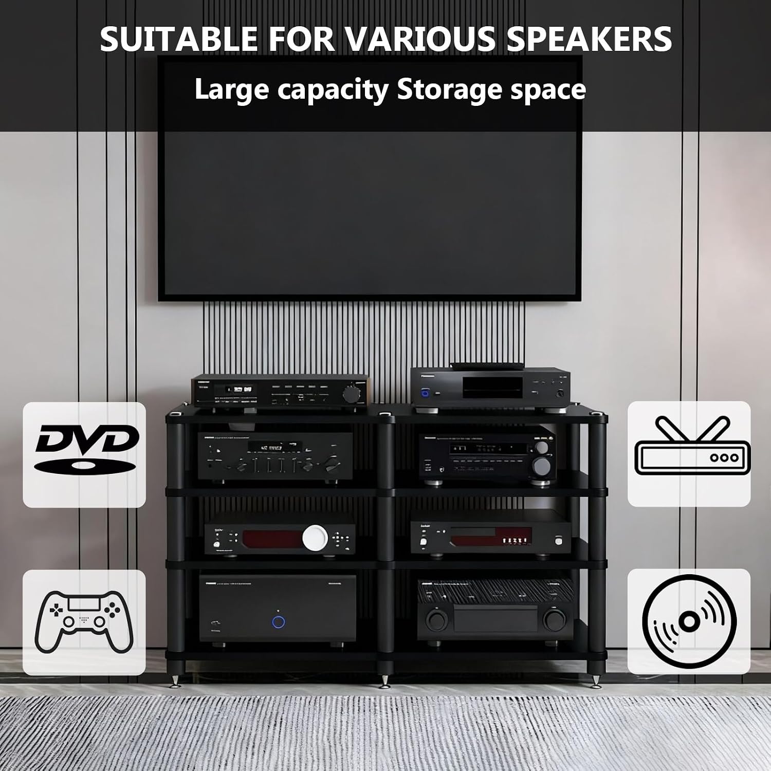 Heavy Duty AV Media Stand, Multifunctional Stacking Audio Component Rack with Shock-Absorbing Foot pegs, Audio Stand for Home Theater Studio (Black, Fourth Floor)